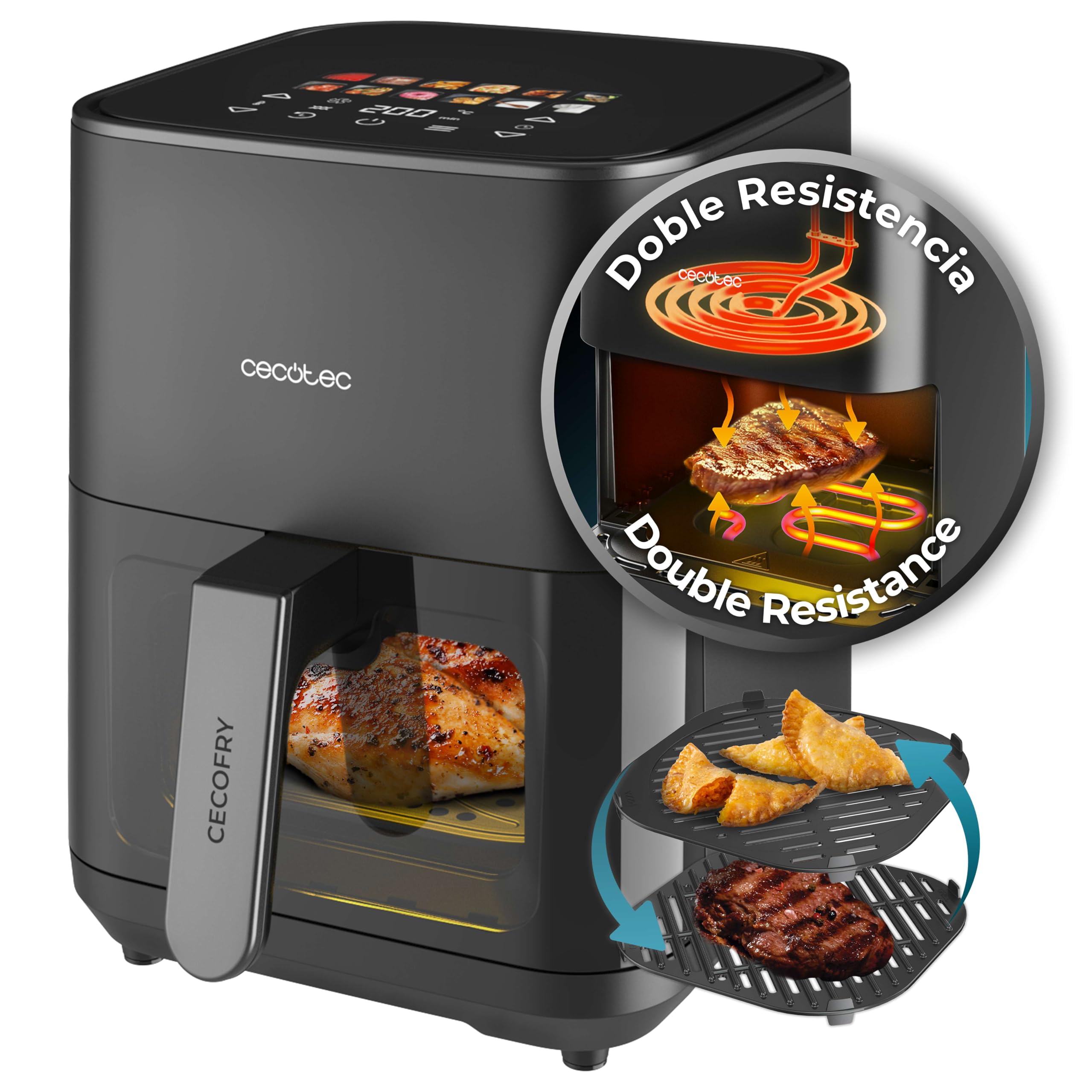 Cecotec Friggitrice ad Aria 4L - Air Fryer Cecofry&Grill Duoheat 4000. 1900W, 3in1: Friggitrice, Grill, Piastra. 10 Menù, Doppia Temp 40-200°C, Cottura uniforme e veloce, Cucina sana e gustosa