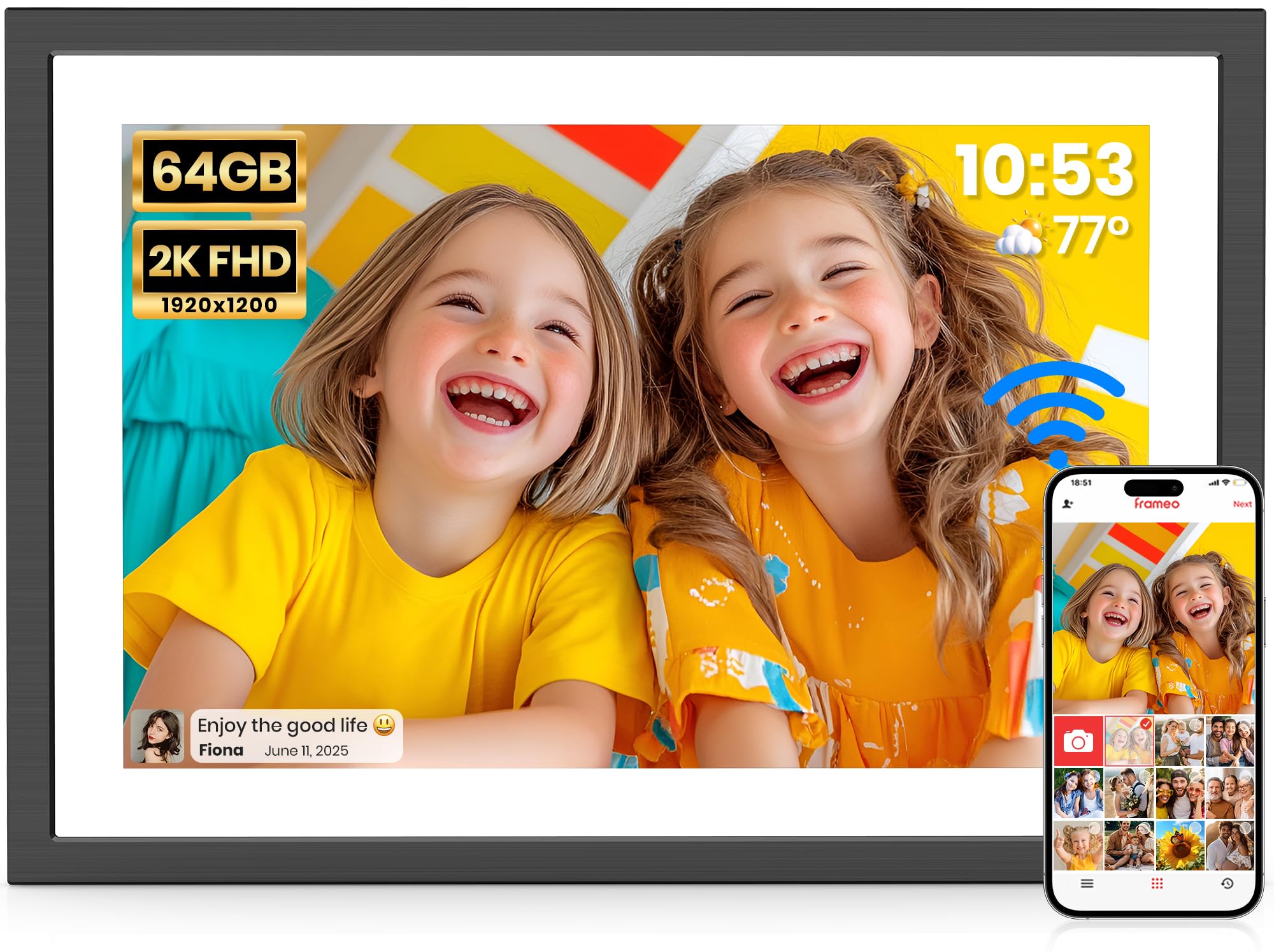 2K 64GB Frameo 10.1 Inch Digital Picture Frame, Smart WiFi Electronic Photo Frames with 1920x1200 FHD IPS Touch Screen Slideshow Tabletop&amp;Wall Mounted, Share Photos/Videos Instantly from Anywhere