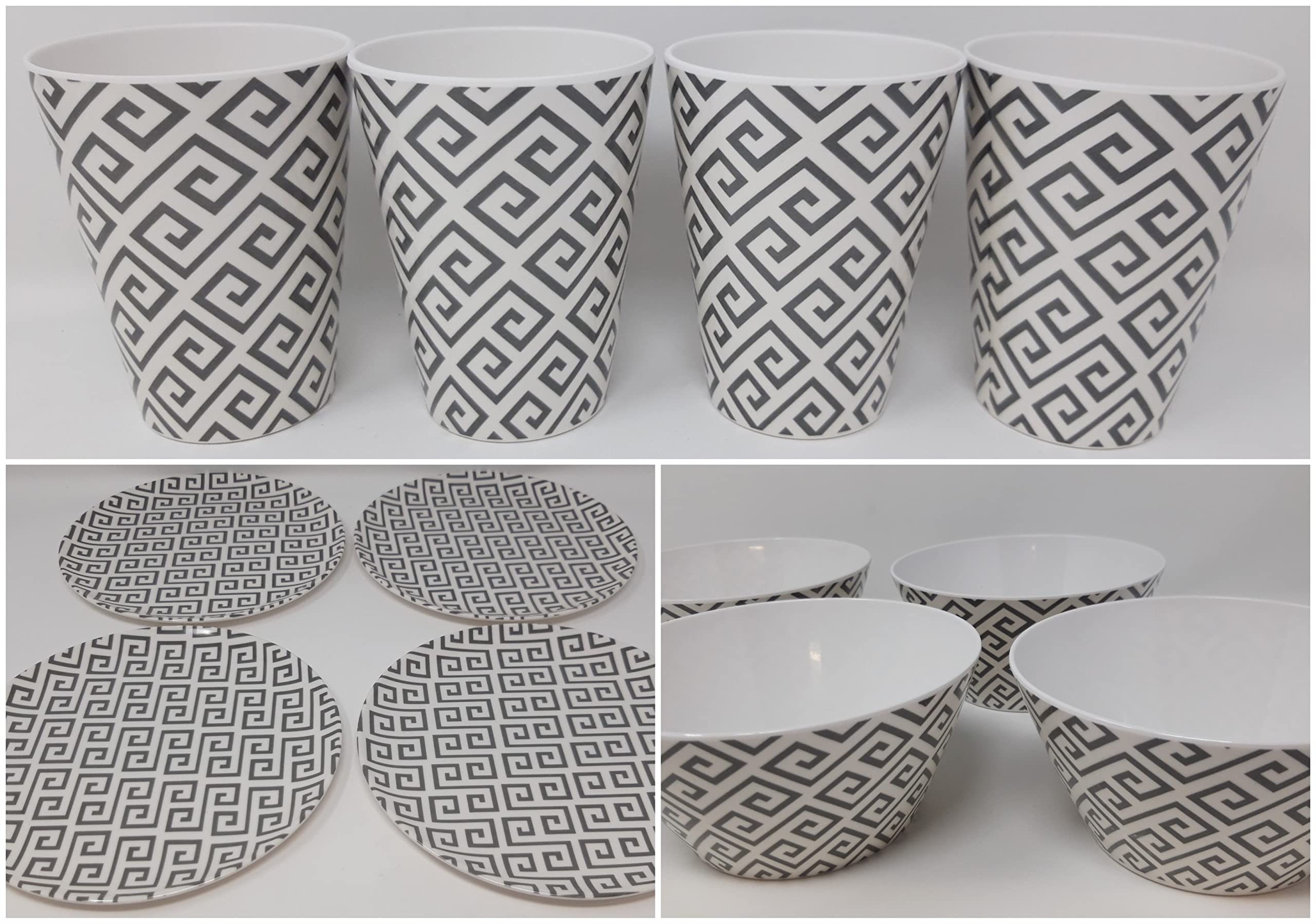Foglish 12pc Set Melamine Medium Plates Bowls Tumblers Camping Home Outdoor Dining Picnics (4 x 8'' Plates, 4 x 6'' Bowls & 4 x 325ml Tumblers) (Geometric)