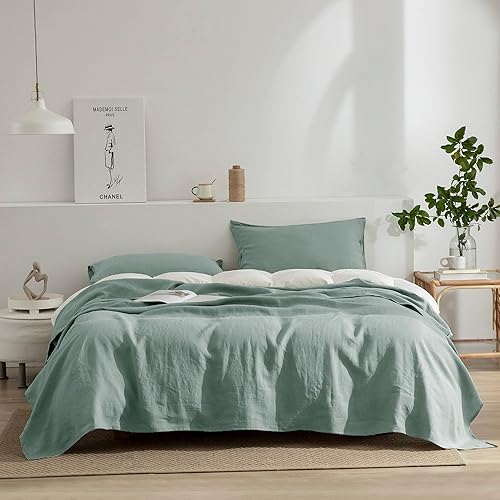 Miniatura 8 de EVERLY Juego de sábanas de lino tamaño individual, juego de sábanas de 100% lino puro francés, 3 piezas (1 sábana encimera, 1 sábana bajera, 1 funda