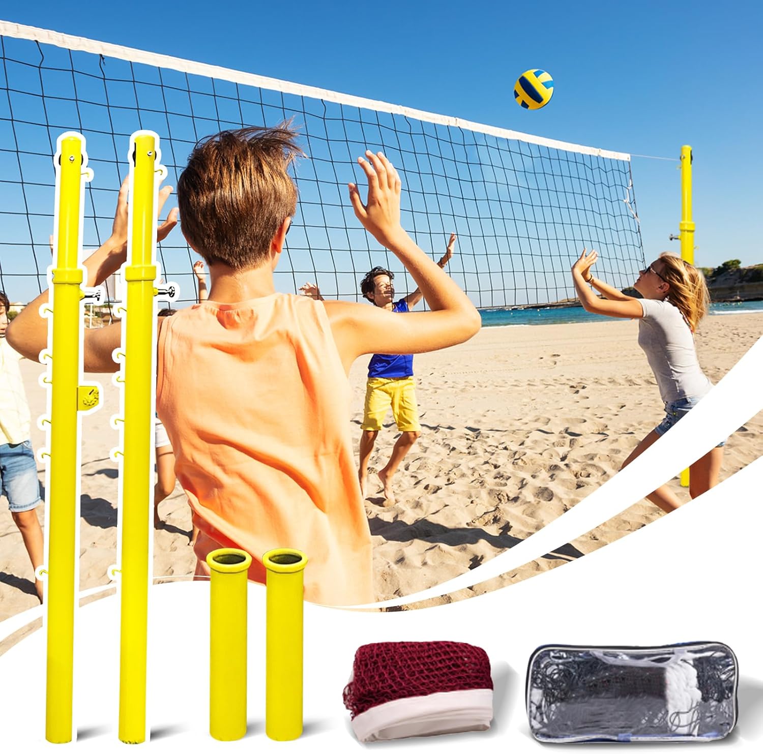 Adjustable Volleyball Net System with Heavy-Duty Poles for Indoor and Outdoor Sports, Schools, Backyards, and Stadiums