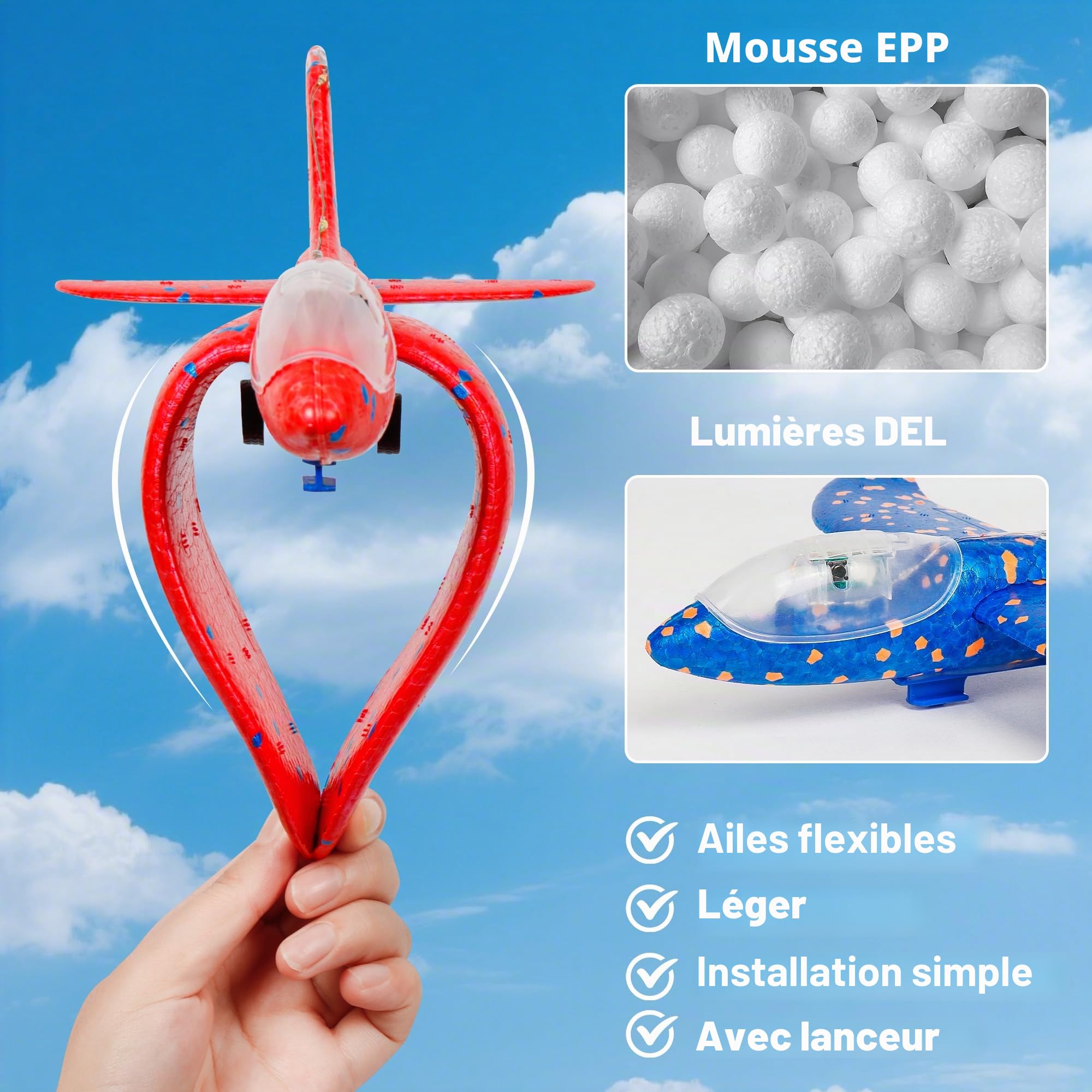 3 Avions Planeurs Enfant, Avion Jouet en Mousse avec LED & Lanceur, Planeur Extérieur Jusqu’à 15m, Jouet Enfant 3-12 Ans, Cadeau Garçon Fille
