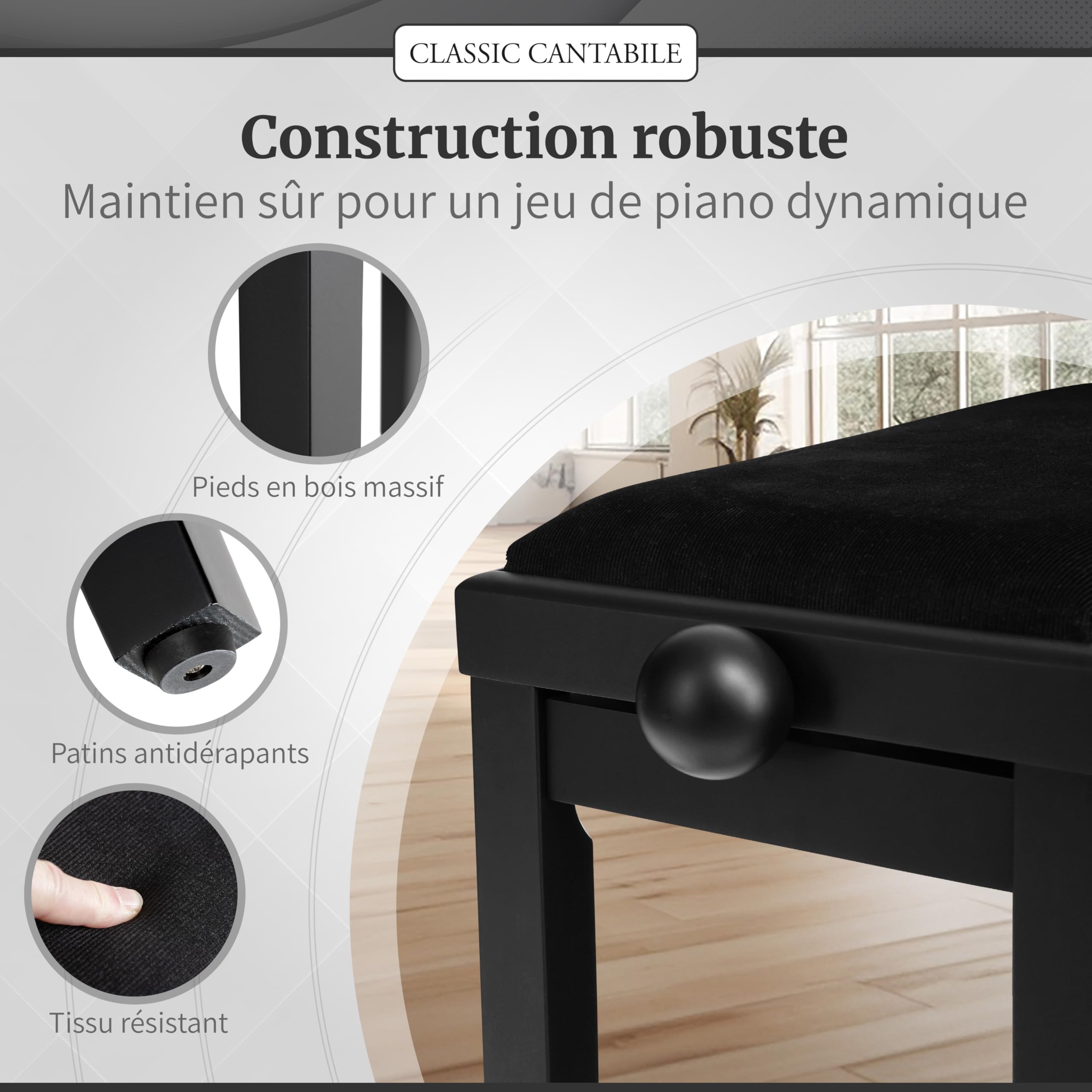 Classic Cantabile Banc de Piano Noir Mat - Hauteur réglable de 47 à 56cm - Tabouret avec mécanisme à vis - Banquette Surface d'assise 55 x 32cm - Siège avec revêtement en Velours, Stable