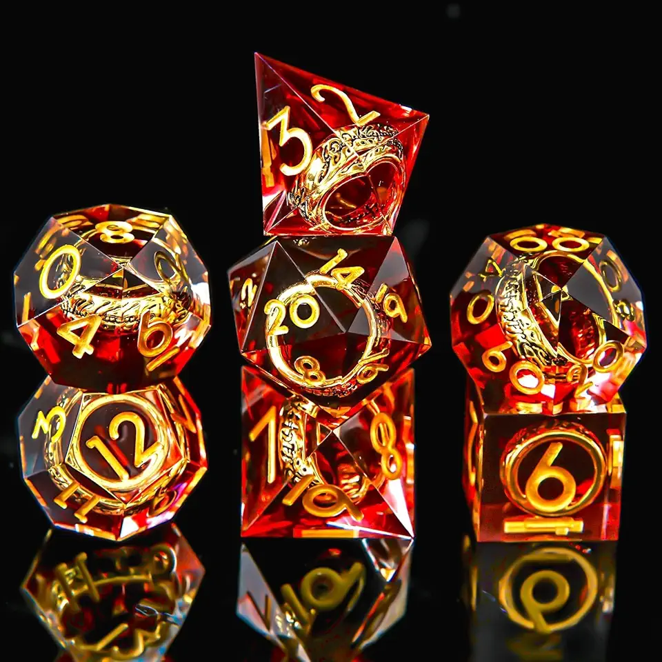 Ring DND Dice Set Sharp Edge Resin Dice,Golden Ring Inclusion Suitable for Lord of The Ring D&D Dice RPG Role Playing Games Suitable for Dungeons and Dragons Polyhedral Dice Set（red）