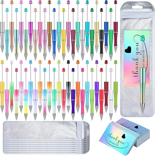 Kit de 150 bolígrafos con cuentas, 50 bolígrafos de plástico con cuentas de colores, 50 tarjetas de agradecimiento de papel de aluminio con 50