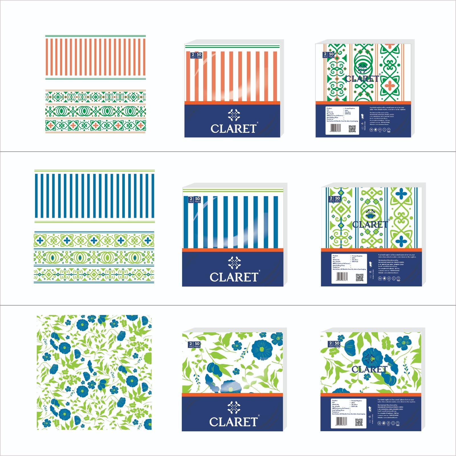 Claret 2-Ply Printed Table Napkins, Multi Design and Colors, 50 Sheets per Pack, 3 Packs, 30x30 cm - Soft, Absorbent, Napkins for Daily Use, Dining, Parties, Events and Special Occasions - Image 3 thumbnail