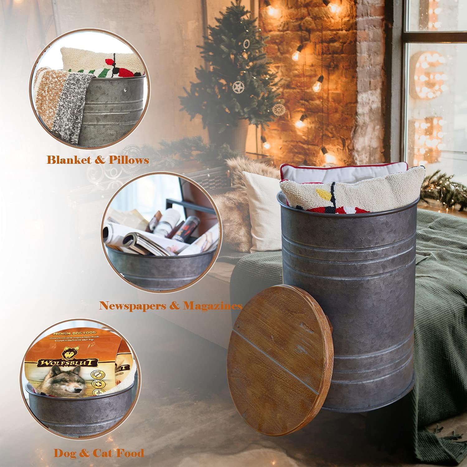 glitzhome Rustic Storage Ottoman Seat Stool, Farmhouse End Table, Galvanized Metal Accent Side Table Toy Box Bin with Round Wood Lid for Living Room Furniture, Nesting Pieces Two, Grey : Home & Kitchen