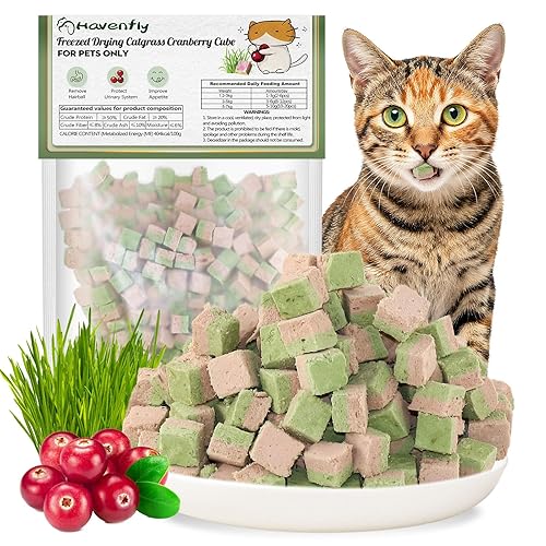 Havenfly Freezed-Dried Cat Grass Treats, Catgrass Cranberry Duo Bites, Cat Dental Treats for Hairball Control and Urinary Tract Support, Cats Teething Stick (60g, Cranberry) - Cranberry - 60g