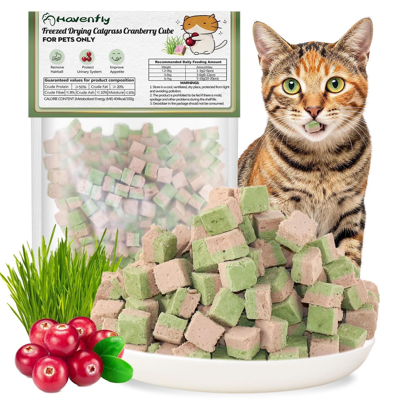 Havenfly Freezed-Dried Cat Grass Treats, Catgrass Cranberry Duo Bites, Cat Dental Treats for Hairball Control and Urinary Tract Support, Cats Teething Stick (60g, Cranberry)