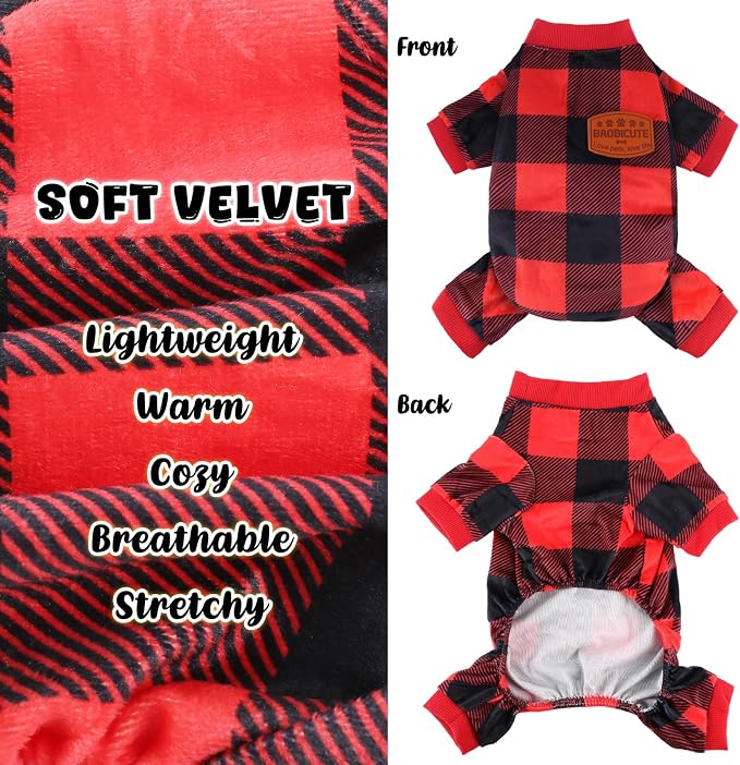 Pijamas navideños para perros de velveta suave en rojo a cuadros miniatura 4