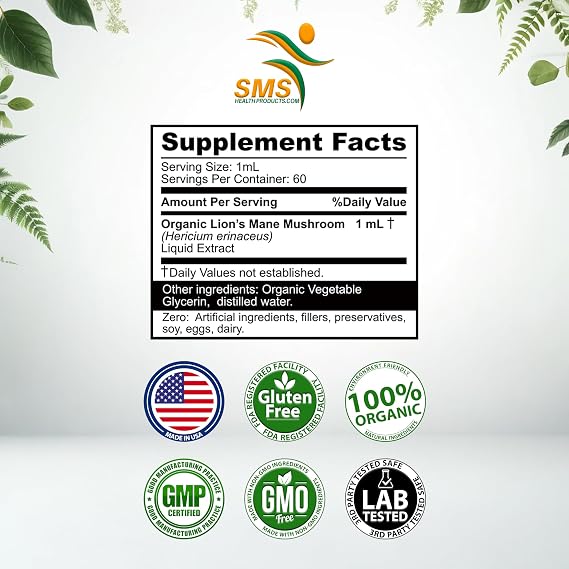 Lion's Mane Mushroom Drops Supplement, Lions Mane Tincture, Natural Immune Support, for Memory, Clarity & Focus Support - Herbal Liquid Extract - Organic, No Fillers, No Binders - 2 Fl oz