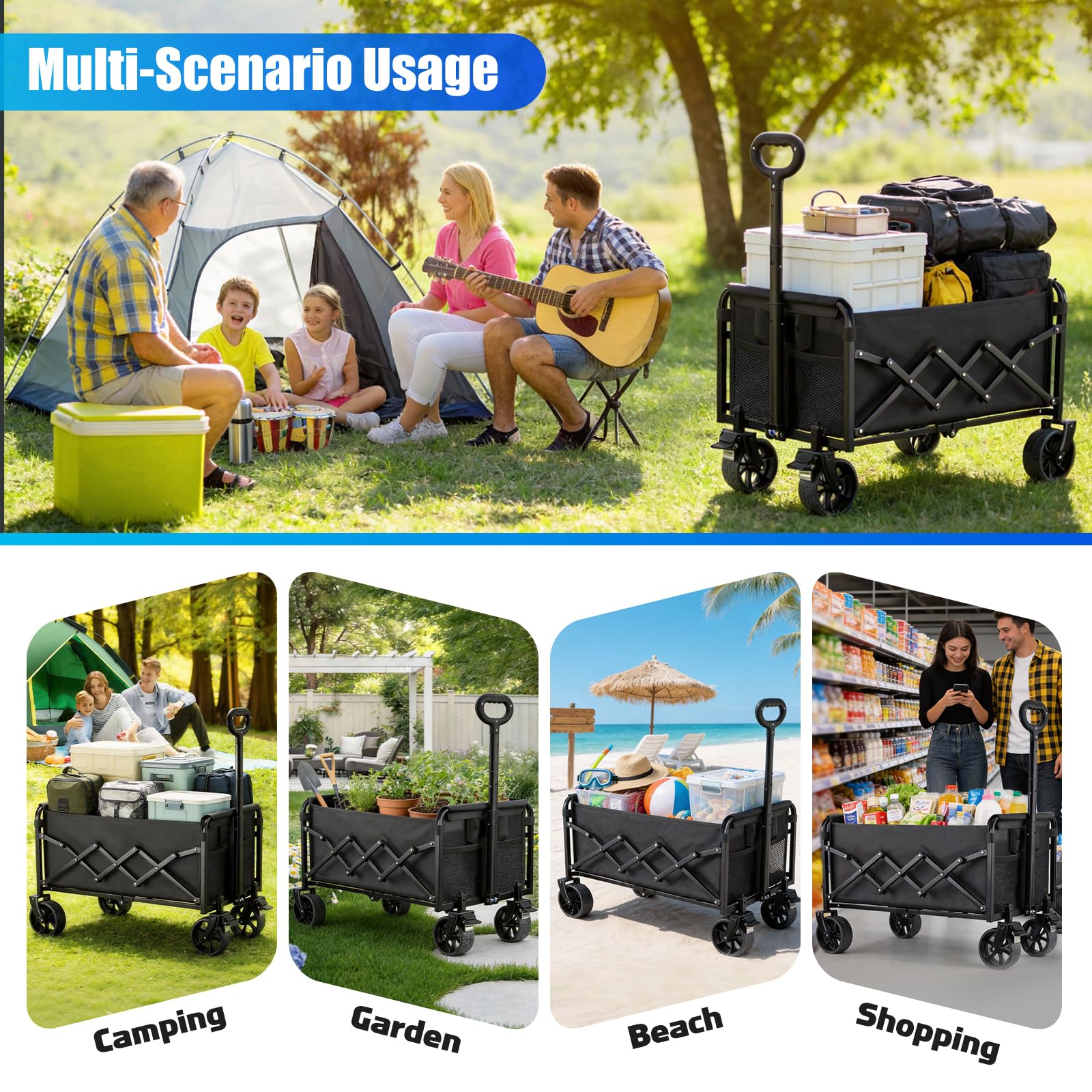 Collapsible Wagon Cart Foldable with Wheels - 360LBS Large Heavy Duty Folding Utility Wagon with All-Terrain Wheels & Brakes for Shopping Garden Beach Camping, 2 Drink Holders/Lightweight/Black