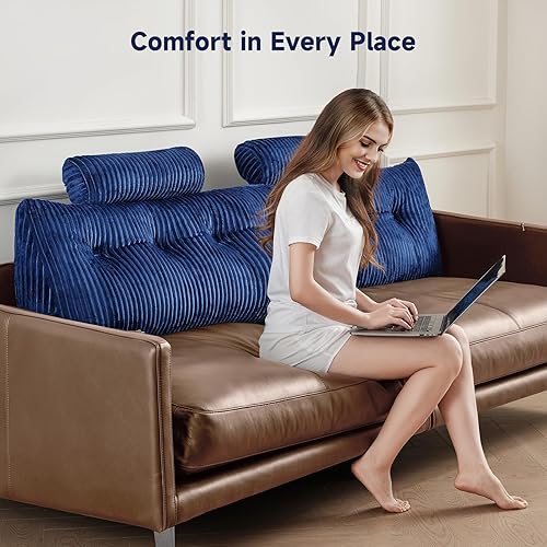 Miniatura 5 de Z-hom Almohada de cuña Queen con 2 cojines de rollo, almohada de lectura grande para sentarse en la cama, cojín de respaldo triangular para Azul