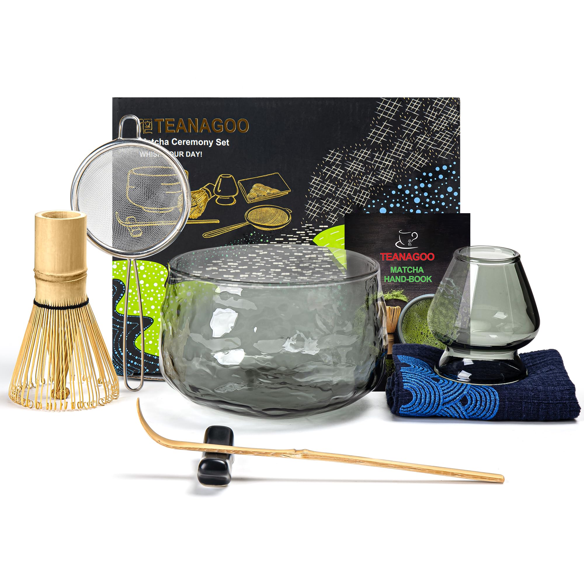 TEANAGOO giapponeseMatcha Whisk Set Kit Tazza Matcha Spazzola Bamboo (chasen) Cucchiaio (chashaku) Supporto Spazzola N30, Dark Vetro Grigio