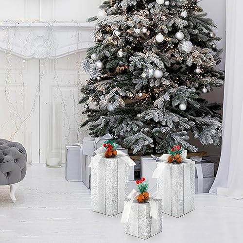 Miniatura 7 de Amyhill 3 piezas de madera rústica de Navidad, centros de mesa con purpurina plateada, bloques de imitación para mesa de bandeja escalonada,