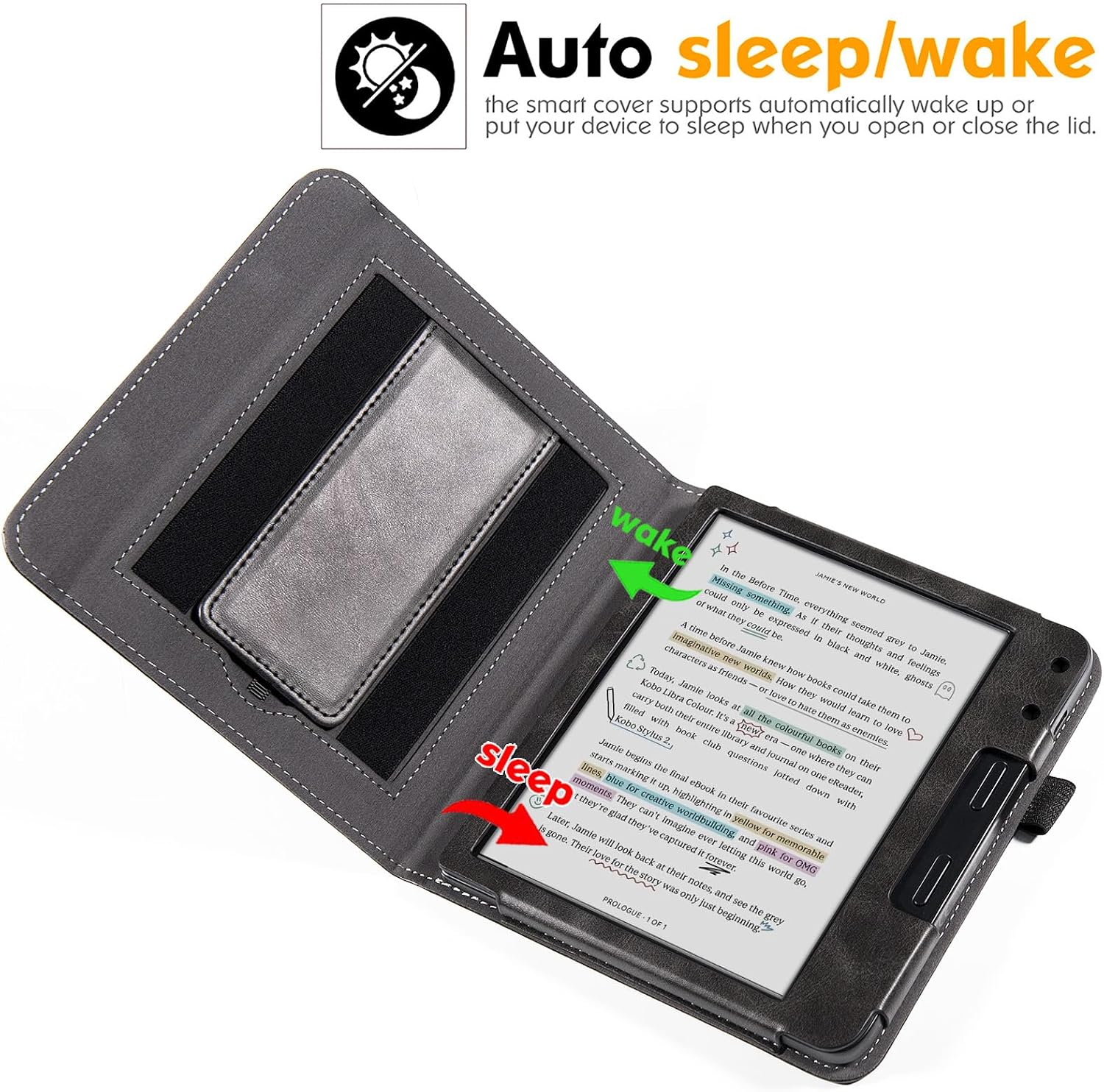 Stand Case for Kobo Libra Colour/Libra 2/Libra H2O, Rock Black | PU Leather Sleeve Cover,Built-in Hand Straps,with Auto Sleep/Wake,Pen Holder Loop