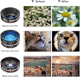 Selvim Kit de lente de cámara de teléfono 4 en 1, lente de teleobjetivo 22X, lente ojo de pez de 235°, lente gran angular 0.62X, lente macro 25X, compatible con iOS iPhone 10 8 7 6 6s Plus X XS XR Android Samsung - Negro