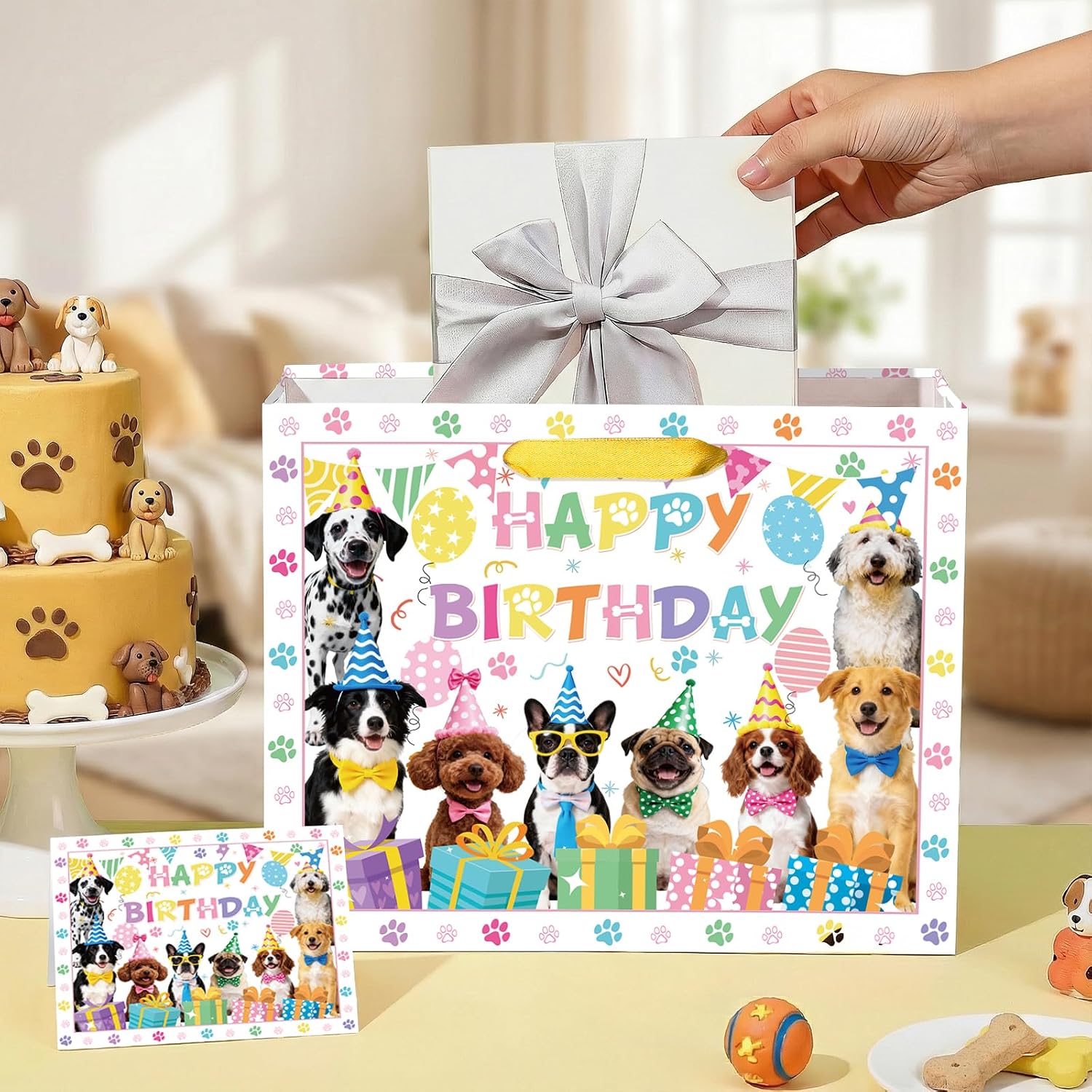 Large Dog Birthday Gift Bag Funny Dogs Gift Bag with Birthday Wrapping Paper and Greeting Card Colorful Dog Doggy Puppy Pet Paw Party Favor Bags for Girl Boy Men Women Theme Birthday Decorations image 4