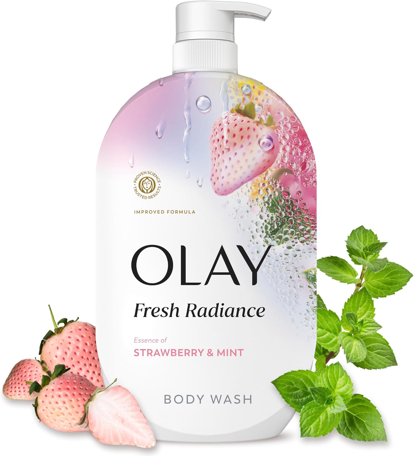 Olay Body Wash for Women, Fresh Radiance, 24/7 Skin-Loving Freshness, Visibly Radiant, Plant Based Cleansers, Vitamin B3 & Antioxidant Blend, For All Skin Types, Strawberry & Mint Scent, 35 fl oz