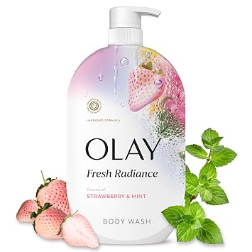 Olay Body Wash for Women, Fresh Radiance, 24/7 Skin-Loving Freshness, Visibly Radiant, Plant Based Cleansers, Vitamin B3 & Antioxidant Blend, For All Skin Types, Strawberry & Mint Scent, 35 fl oz