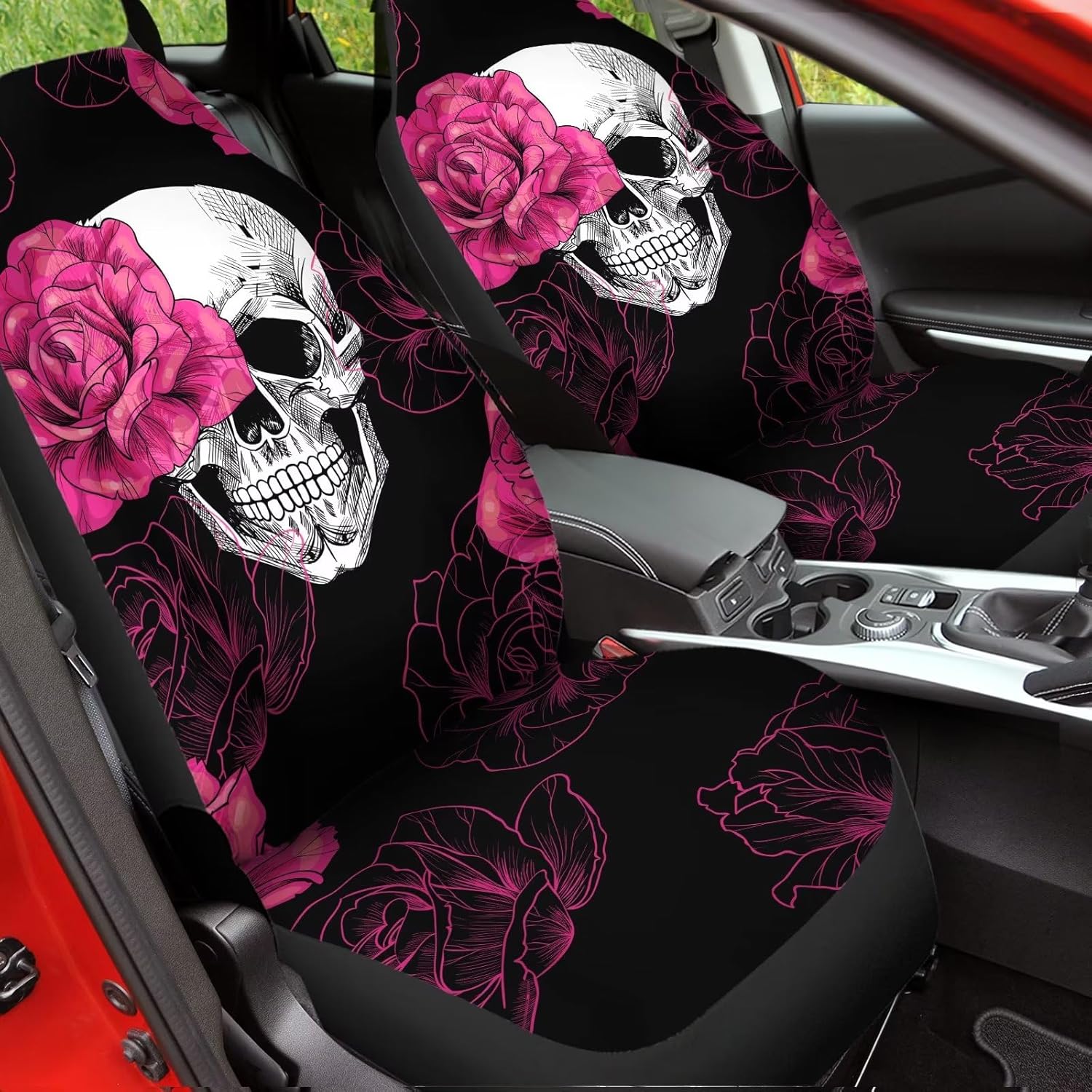 Howilath Pink Rose Skull Floral Pattern High Back Front Seat Covers for Women Men, 2pcs Car Accessories Seat Covers