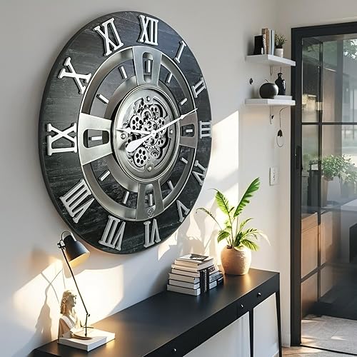 Miniatura 4 de ImprovingLife The Gears Clock Reloj de pared con engranaje móvil real de la línea Inglaterra (negro vintage, 24 pulgadas (23.6 in)