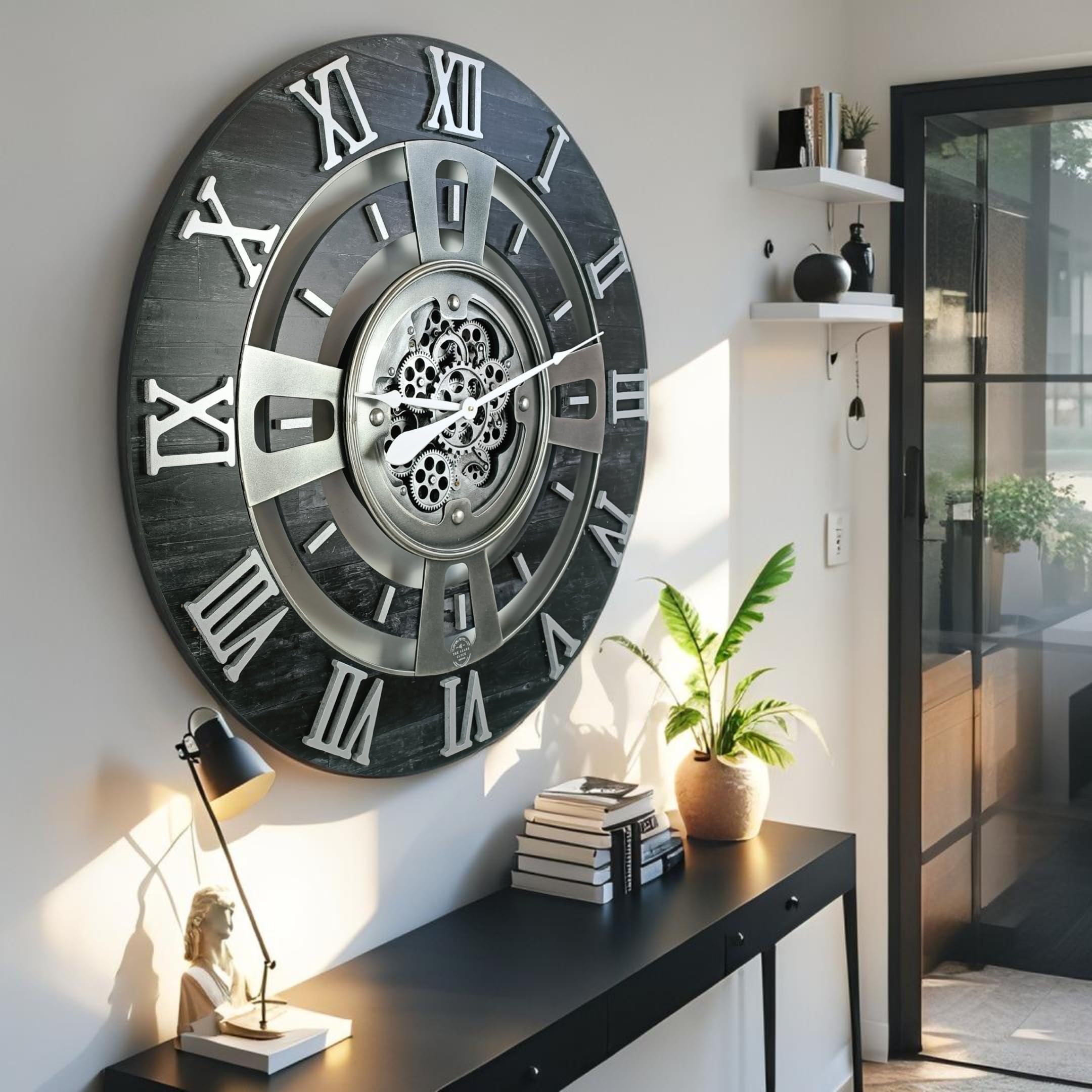 ImprovingLife The Gears Clock Horloge murale à engrenages en mouvement réel England Line (Noir vintage, 24 pouces (60 cm))