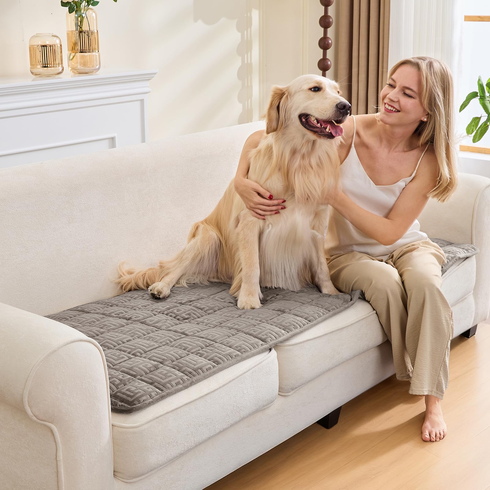 SYLC Sofa Cover Taupe Velvet Quilting,Thick Sofa Cover 1 Seater Corner L Shape Settee Non Slip Seat Cushion Covers Protector for Living Room Caravan (Taupe,70×90cm / 1 Piece)