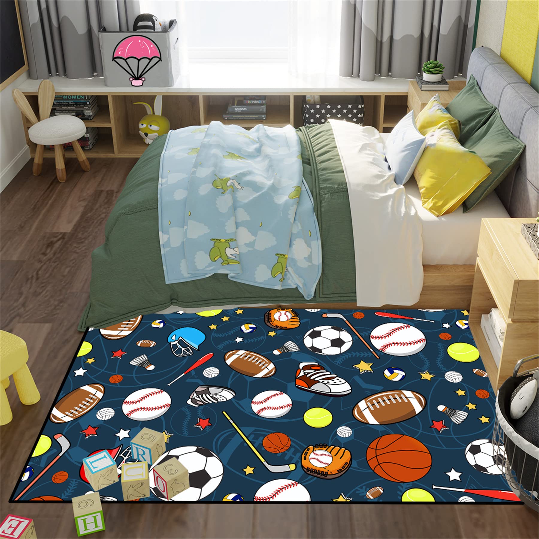 kodhyvj Navy Blue Sport Rugs Boys Rugs for Bedroom Kids Rug Balls with Soccer Ball, Basketball, Football, Tennis Ball Playroom Rug, 5'x7'