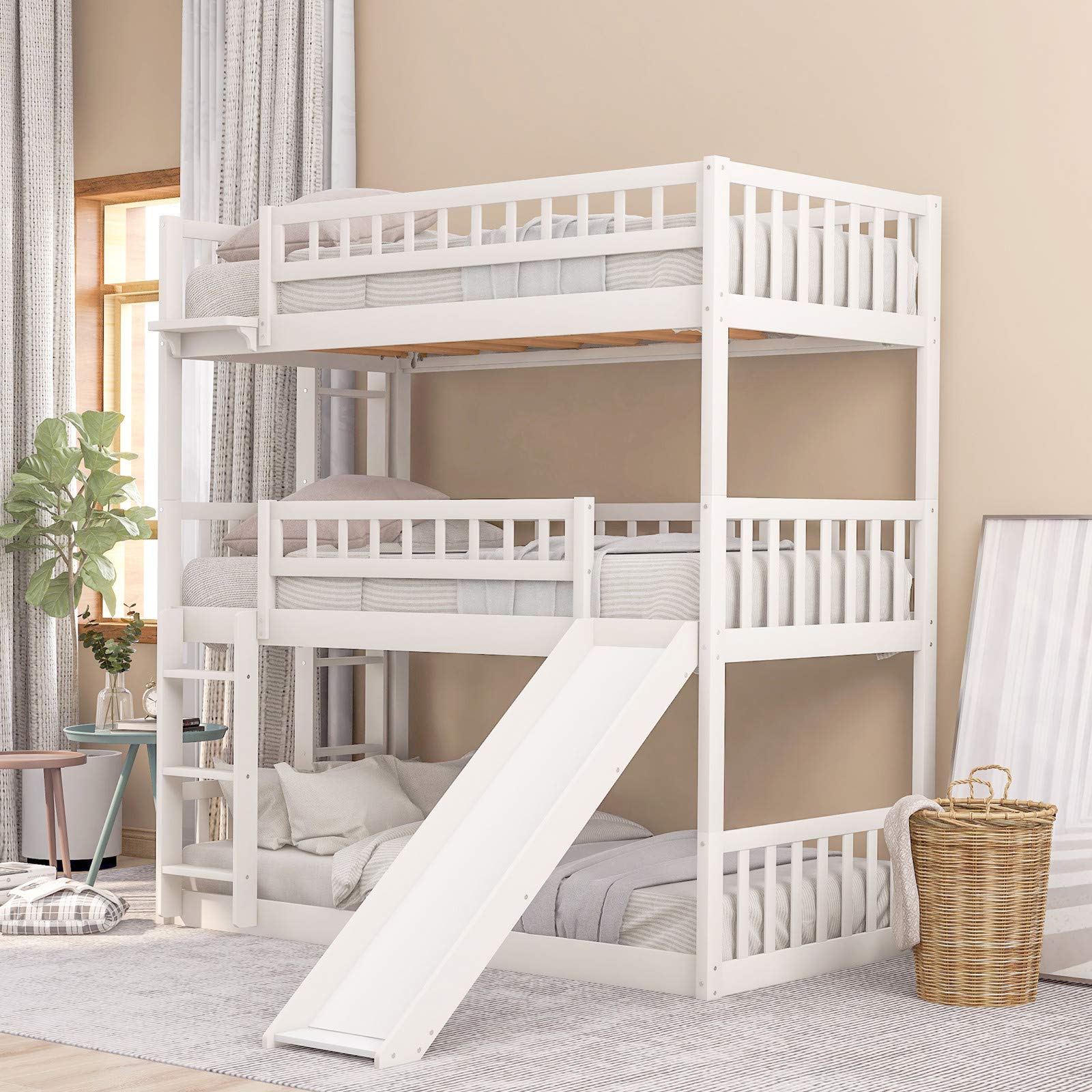 Amazon.com: Harper & Bright Designs Bunk beds with Slide Bunk Bed Twin-Over- Twin-Over-Twin Triple Bed with Built-in Ladder for Kids and Toddlers,Wood Bunk  Bed with Guardrails,No Box Spring Needed，White : Home & Kitchen