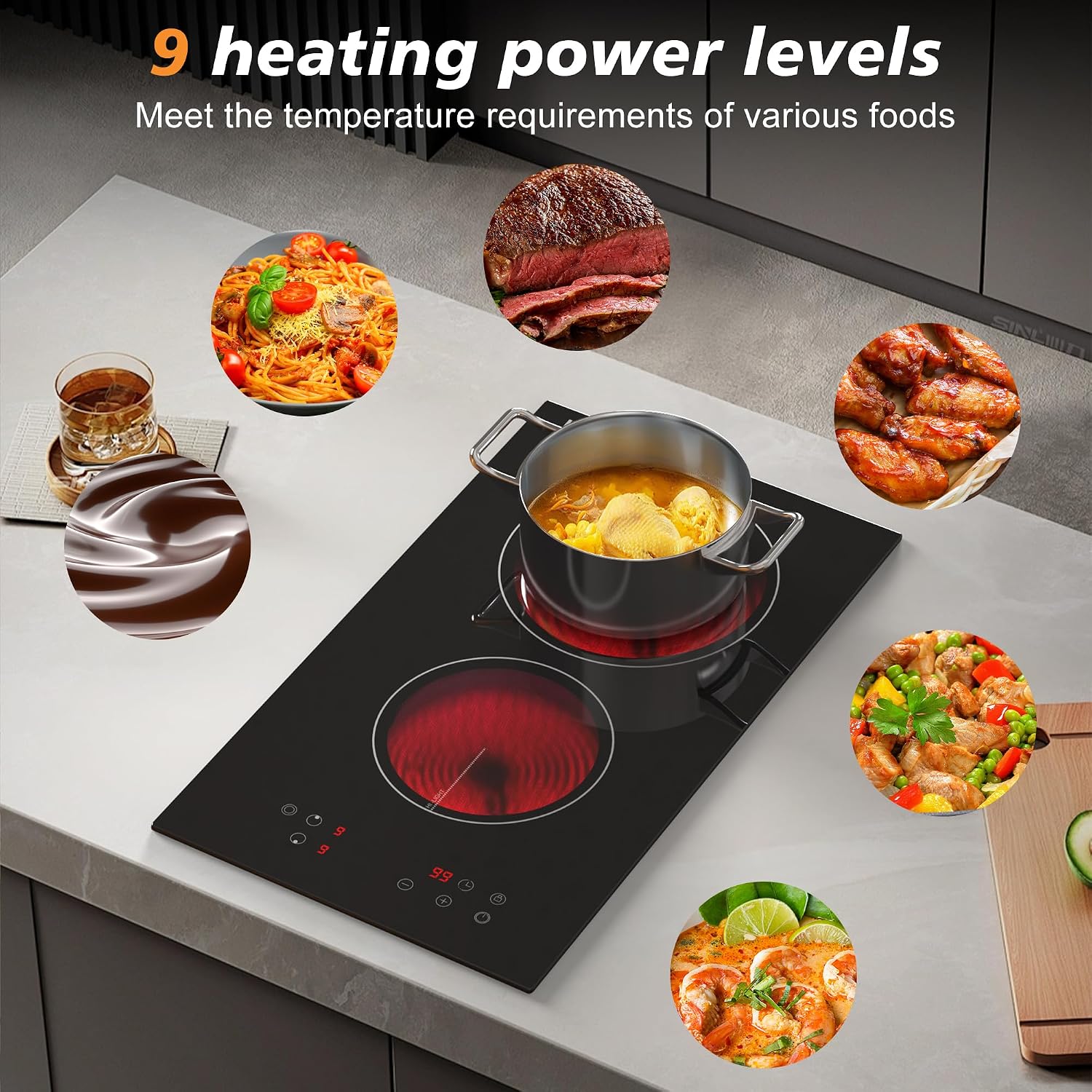 Karinear 2 Burner Electric Cooktop, 12 Inch Countertop Burner,240V Hardwire | 3200W High Power, Child Safety Lock, Timer, Residual Heat Indicator, Drop-in Radiant Cooktop, No Plug Electric Stove Top