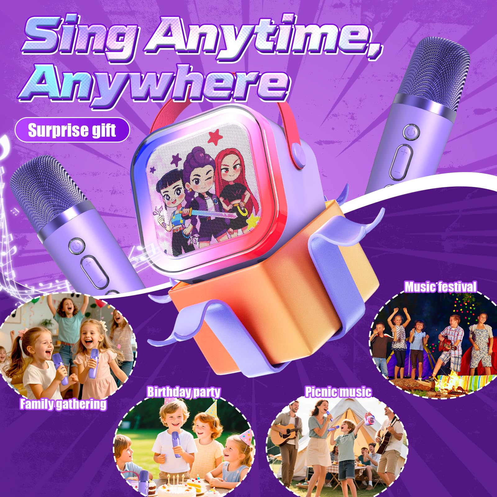 Mini macchina per karaoke per bambini dai 3 ai 12 anni: altoparlante Bluetooth portatile con 2 microfoni wireless, spettacolo di luci a LED per bambini da 3 4 5 6 7 8 9 10 anni giocattoli regali di