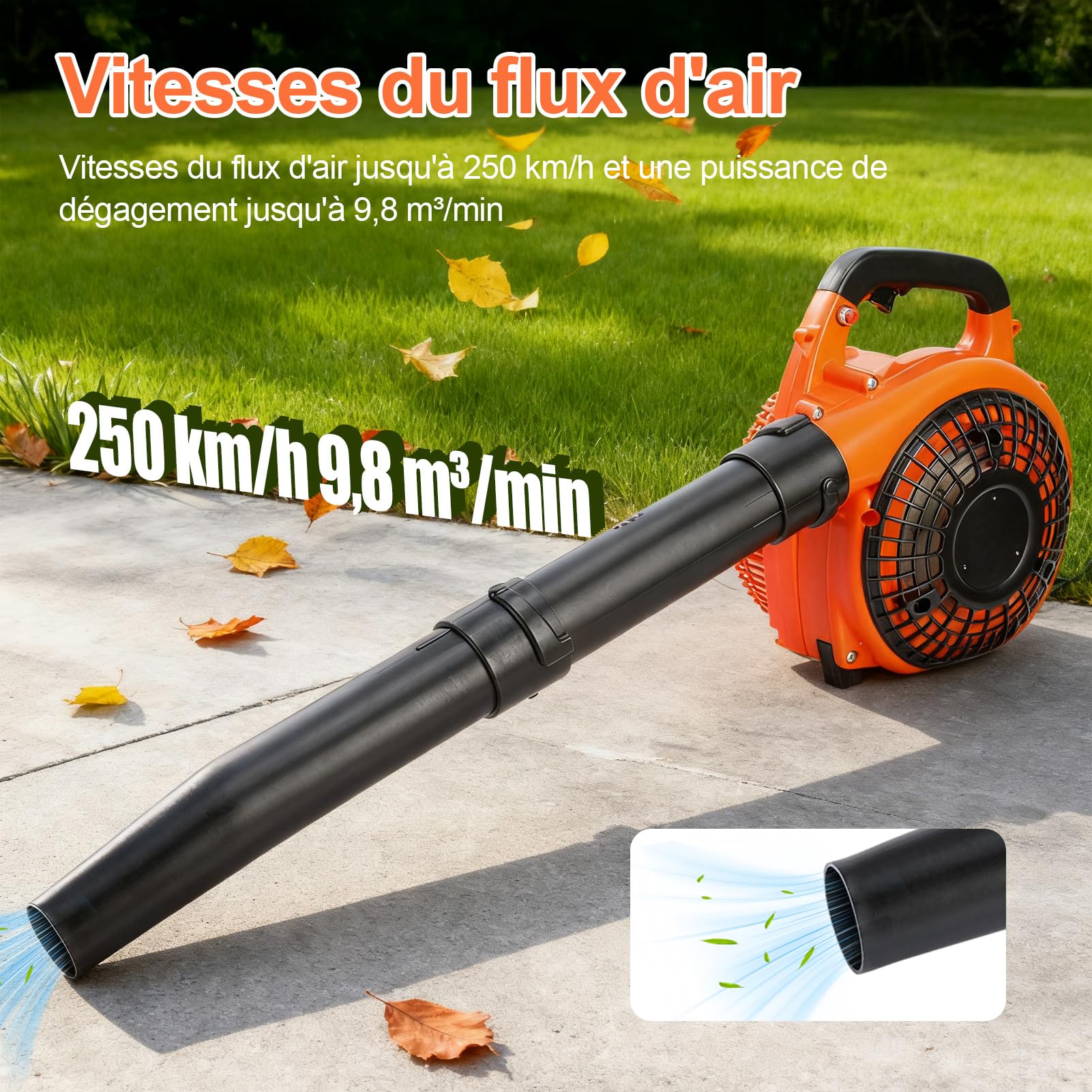Souffleur Thermique Portable 26CC, Souffleur à Feuilles à Moteur Puissant, Souffleur à Essence pour Jardin (Orange)