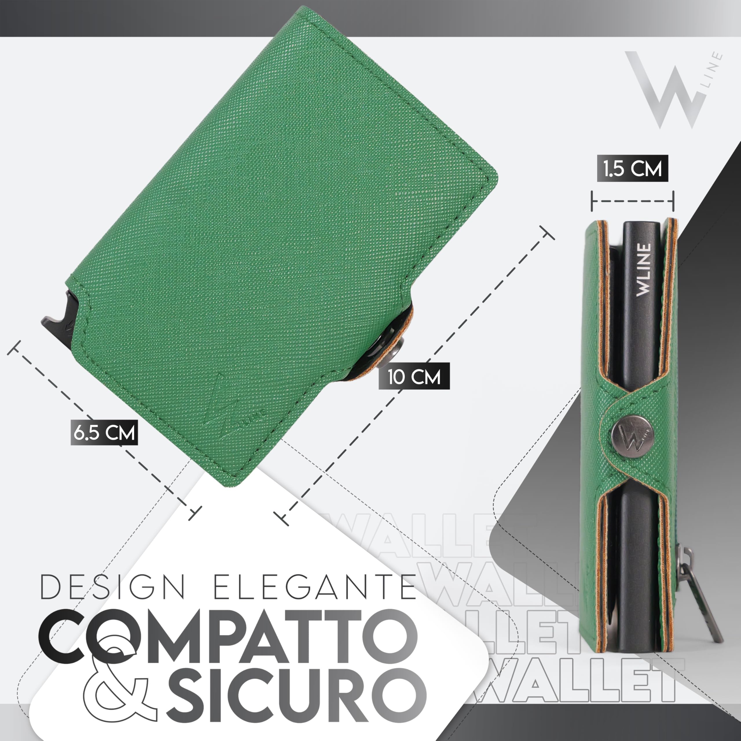 WLine Portafoglio Uomo Slim con Portamonete Rfid Compatto ed Elegante - Porta Carte di Credito Uomo e Donna Schermato in Pelle PU - Portatessere Uomo Tascabile (Verde e Nero Saffiano, Con Zip)