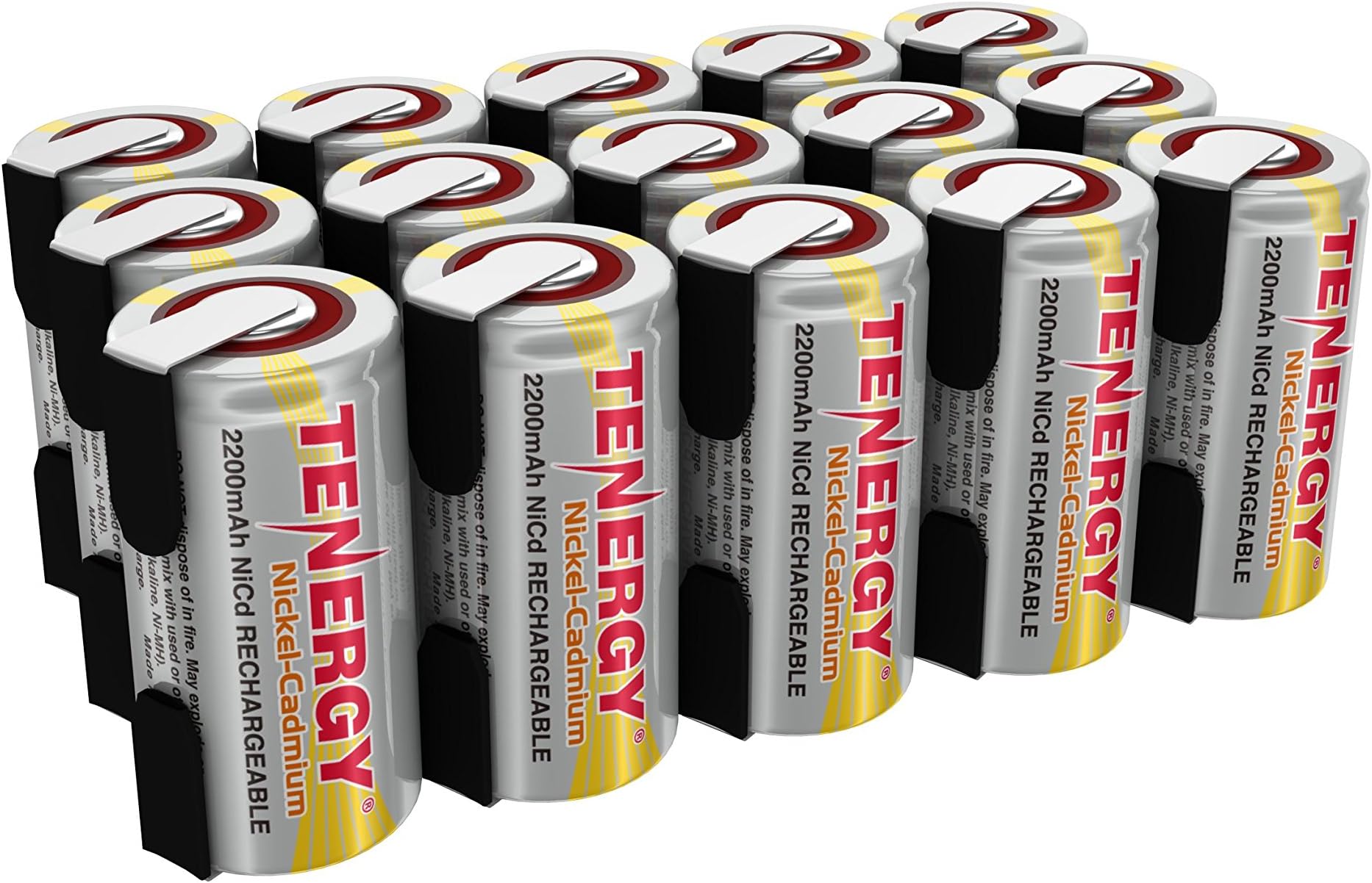 Tenergy 2200mAh NiCd, 1.2V Flat Top Rechargeable Sub-C Cell Batteries with Tabs for Power Tools, Pack of 15