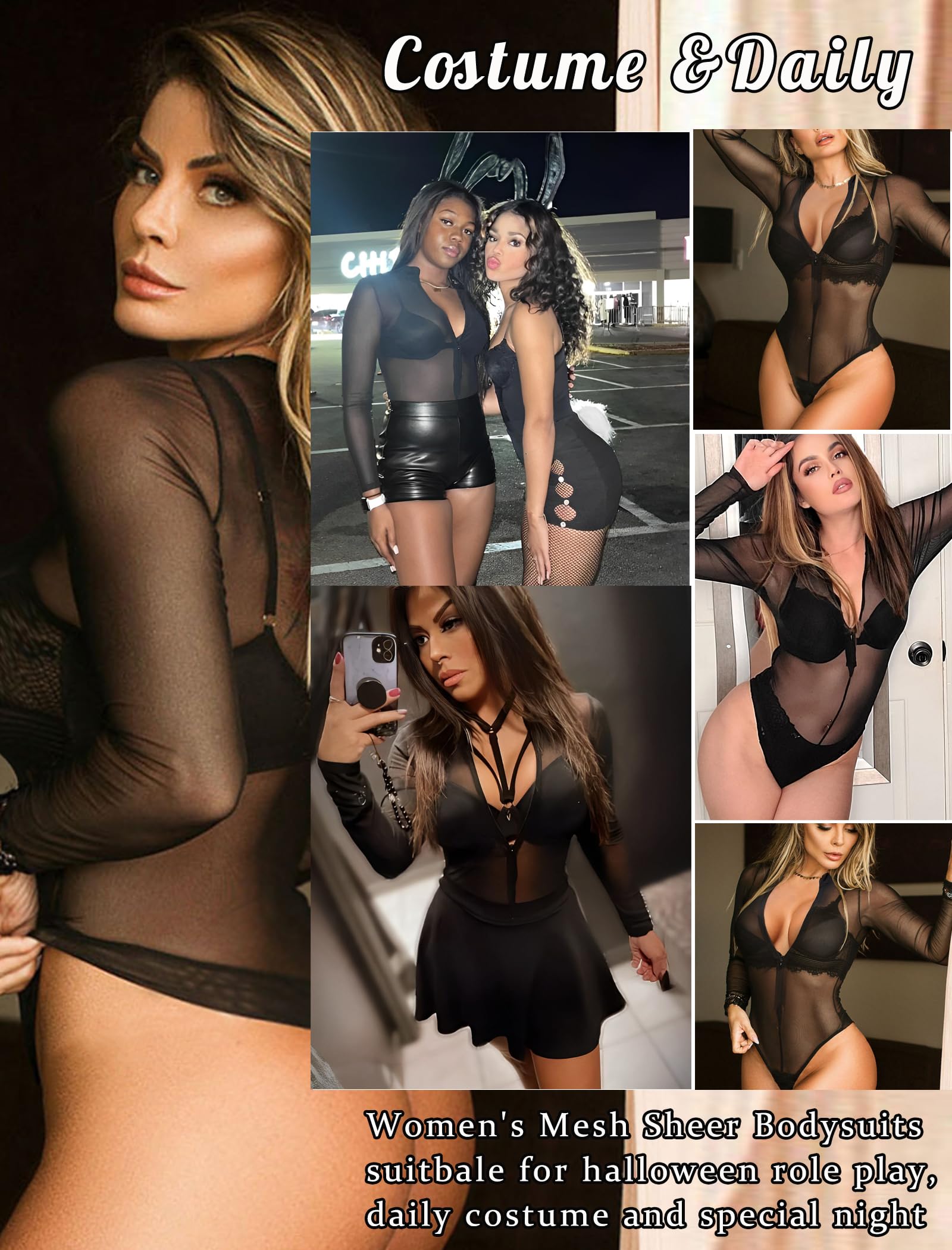 Avidlove Women's Mesh Bodysuit - Long Sleeve Snap Crotch See Through Zipper Sheer Leotard: Black Small