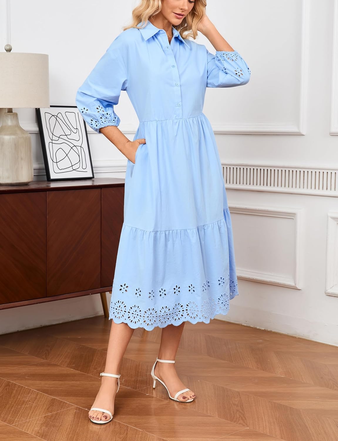 Ladyful Elegant Cotton Shirt Dress for Women Button Down 3/4 Sleeve Hollowed Out Eyelet Flowy Midi Maxi Dress - Image 2