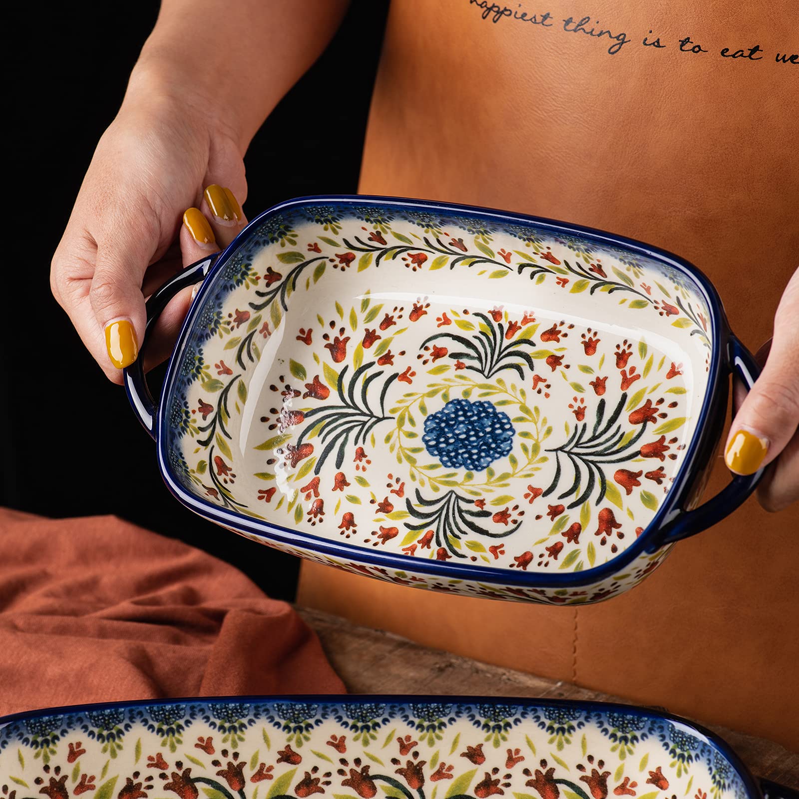 ONECCI Baking Dish Ceramic Baking Pan Blue Casserole Dish Rectangular Baking Set 2pcs Bakeware Sets Lasagna Pan Baking Dishes for oven (The tulip)