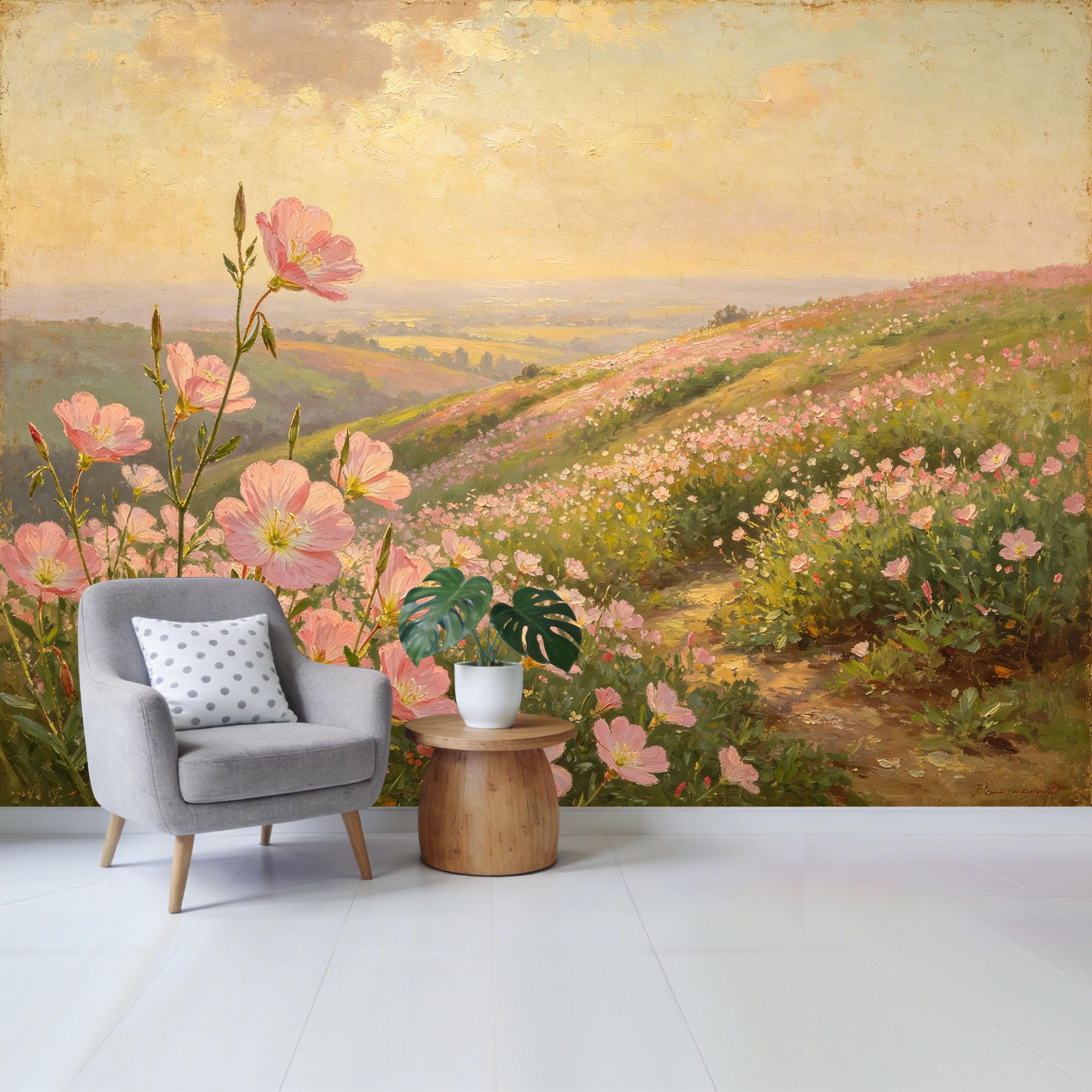 Qzlithotic Yq2605251166 Custom Size Wall Mural Pink Wildflower Meadow Sunset Landscape Oil Painting Style Selfadhesive Wall Fabric Removable Wallpaper For Home Office Decor