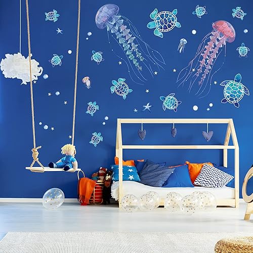 Miniatura 4 de Outus 3 hojas de calcomanías de pared de océano, medusas, peces y tortugas marinas, calcomanías de pared de algas marinas, vinilo extraíble, regalo