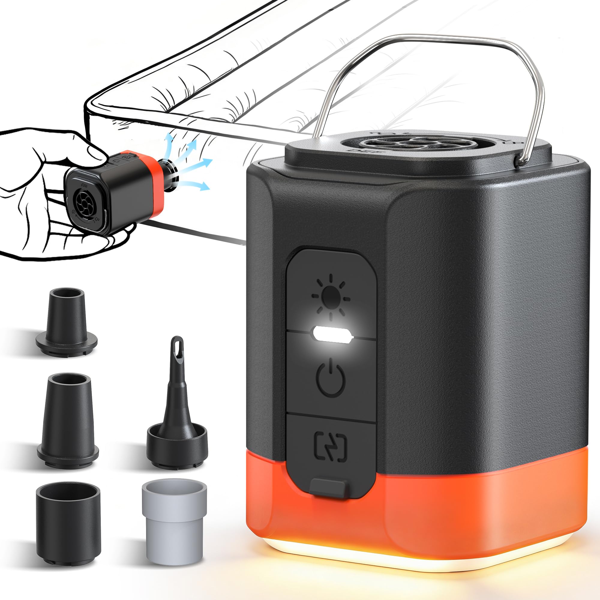 Portable Electric Air Pump for Inflatables, 2600mAh Fast Air Mattress Pump with Efficient Heat Dissipation, 3 Lighting, 5 Nozzles, Inflate Deflate for