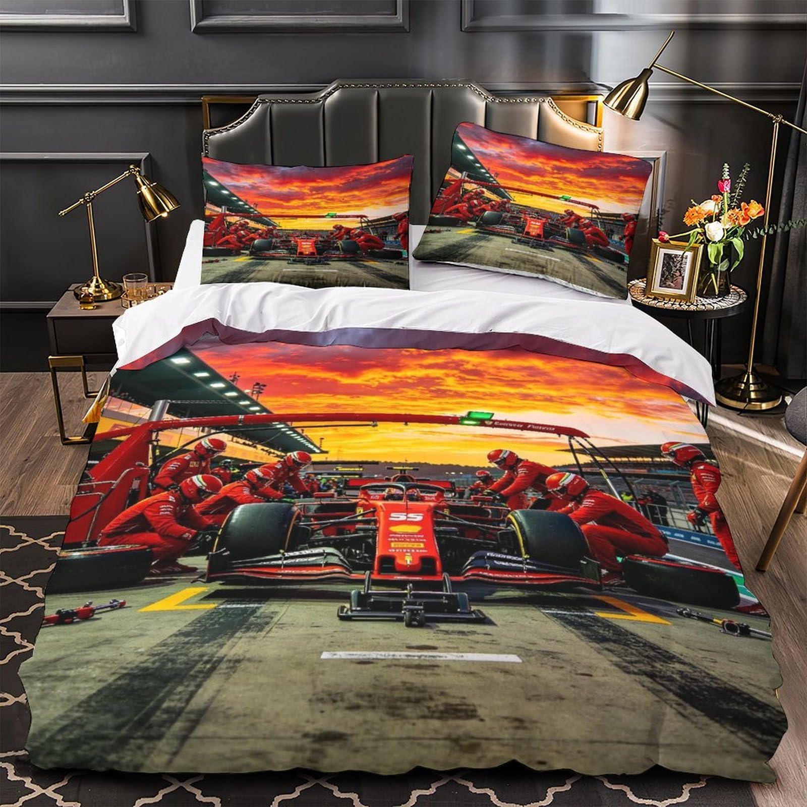 XiaopangXY Formulaa Racing Duvet Cover Single（140x200cm）, Pit Stop Bedding Set Soft & Cozy Percale Weave, Pit Stop Comforter Cover with Zipper Closure for Boy & Girl & Adults