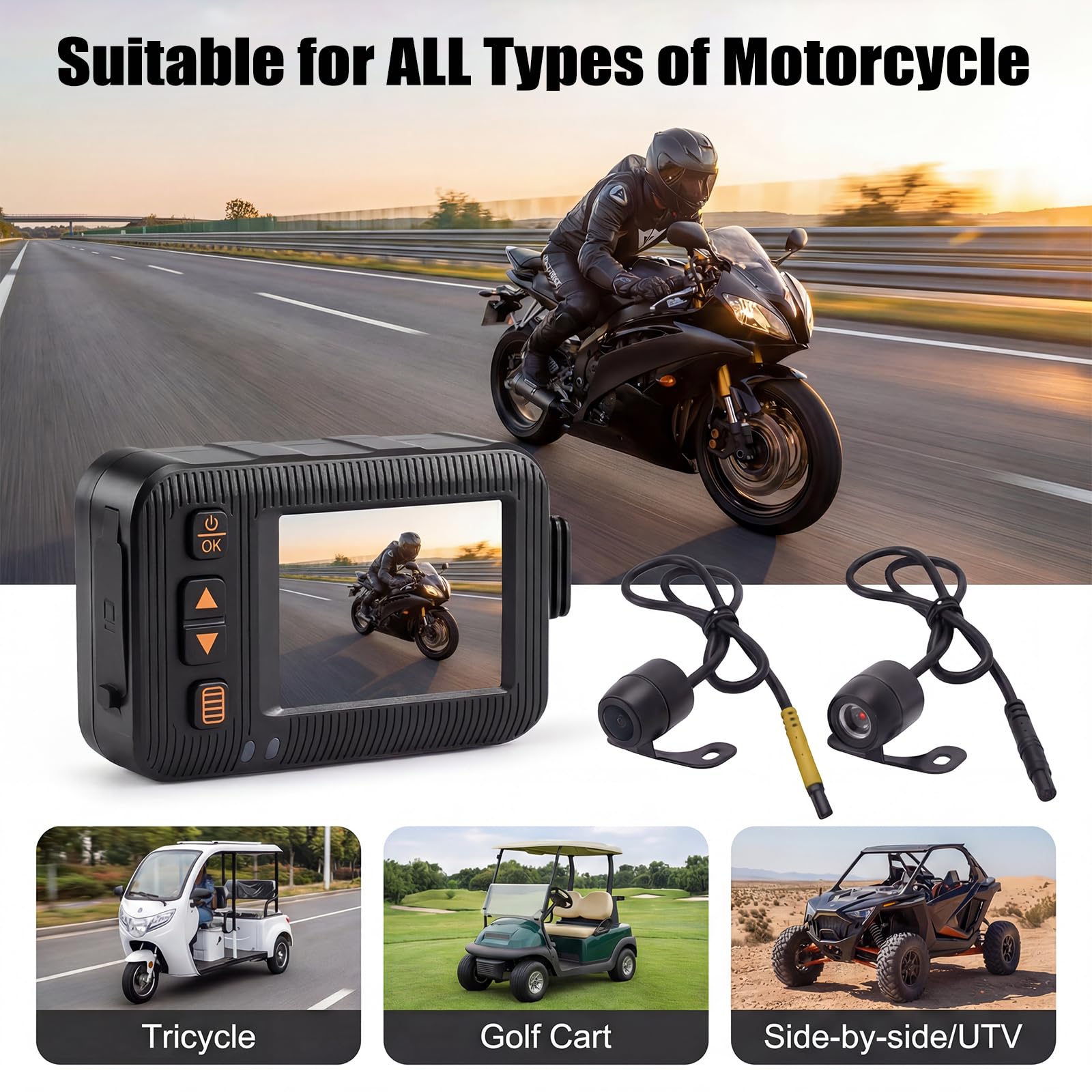 Moto 2-Pollici con Doppia Dash Cam, Videocamera Impermeabile per MOTO con Riprese Anteriori e Posteriori, con Visione Notturna, Sensore G, Doppia Lente, Registrazione in Loop, Dashcam DVR