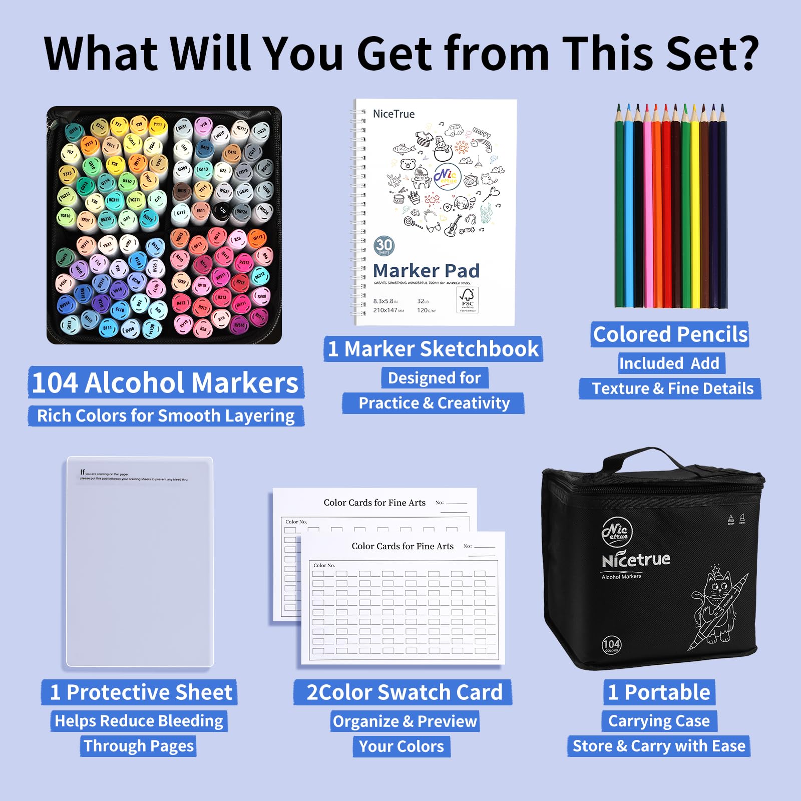 Alkohol Marker 104 Farben, Pinselspitze & Keilspitze Marker Set | Für Erwachsene & Künstler mit Skizzenbuch, Buntstiften, Farbkarte, Schutzblatt und Aufbewahrungstasche