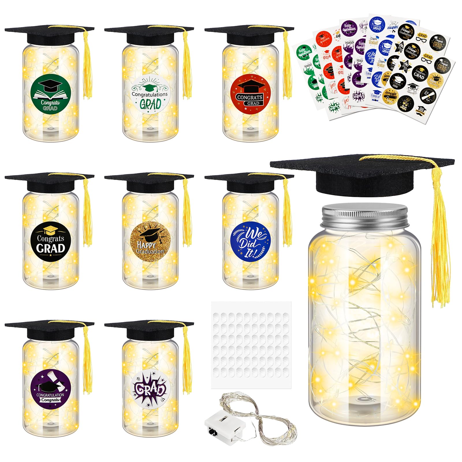 9 Pcs Graduation Jar Decorations with LED Lights, Light up Celebration Table Decorations Graduation Class of 2025 with Gratitude Jars Hats Stickers LED String Light