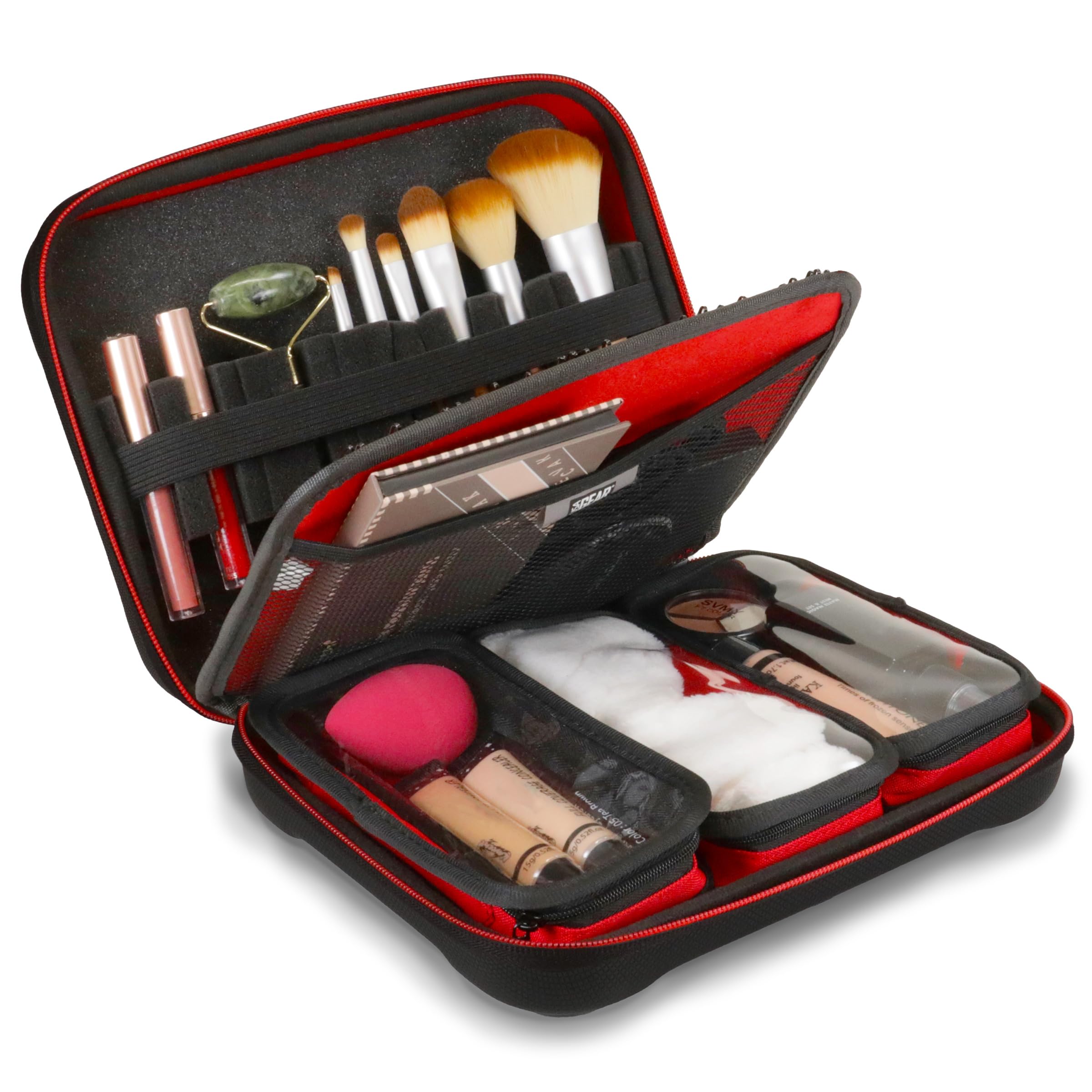 USA Gear Travel Makeup Case with Water Resistant Exterior, 3 Interior Travel Pouches for Lipsticks, Makeup Palettes, and more - Makeup Bag Organizer