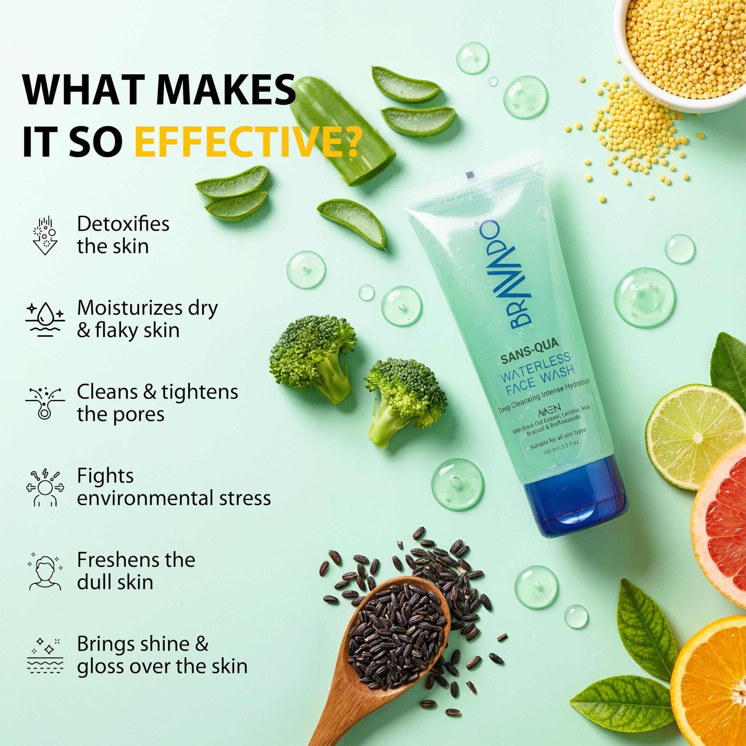 BRAVADO Sans-Qua Waterless Face Wash for Men, No Rinse Liquid Gel Cleanser, Removes Oil Dirt & Pollution, Hydrating Aloe & Black Oat Formula, Quick Clean On The Go, 100ml Tube 2