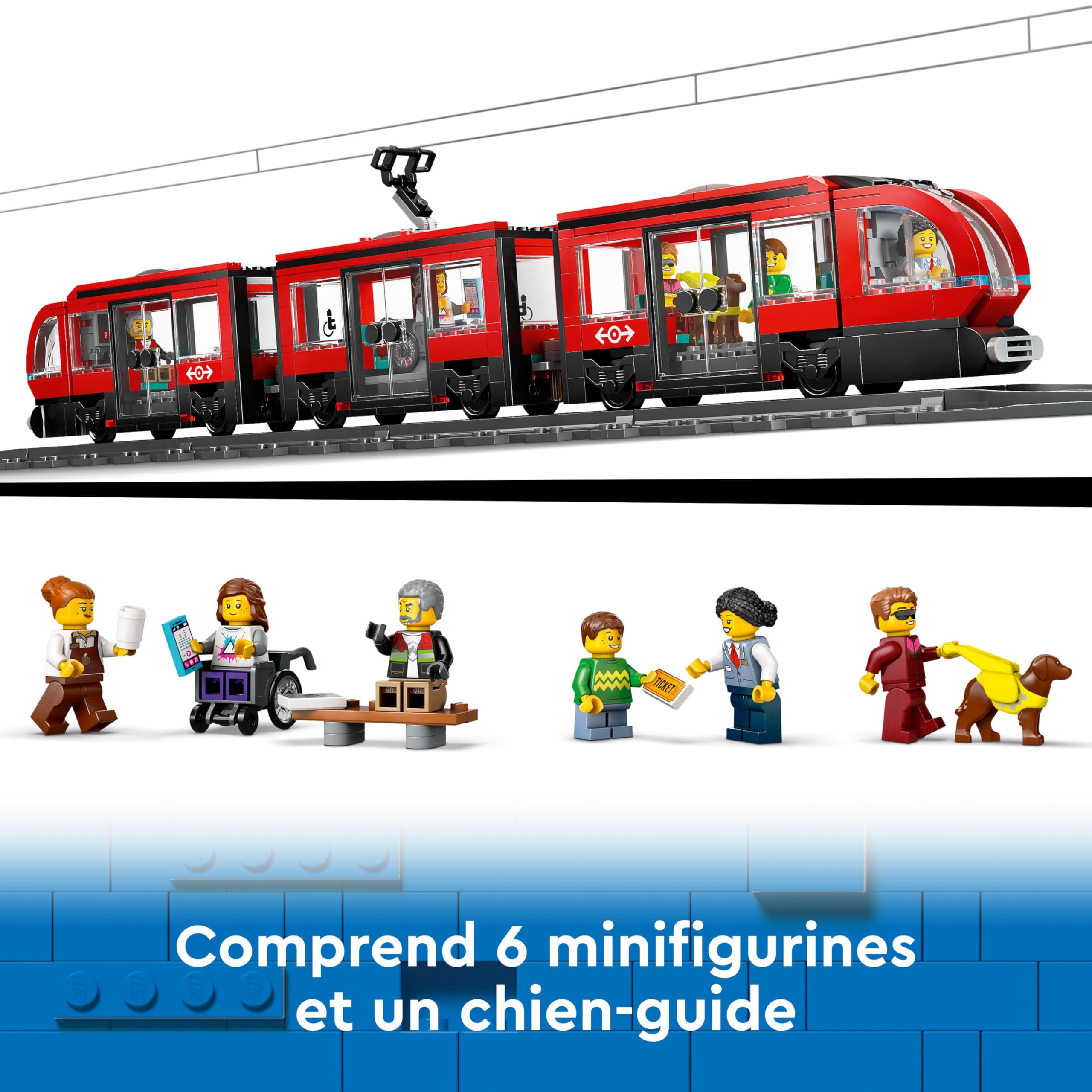 LEGO City Le Tramway et la Station du Centre-ville - Véhicules pour Enfants Garçons et Filles dès 7 Ans, Idée Cadeau d'Anniversaire pour les Fans de Transport - 6 Minifigurines et un Chien-guide 60423