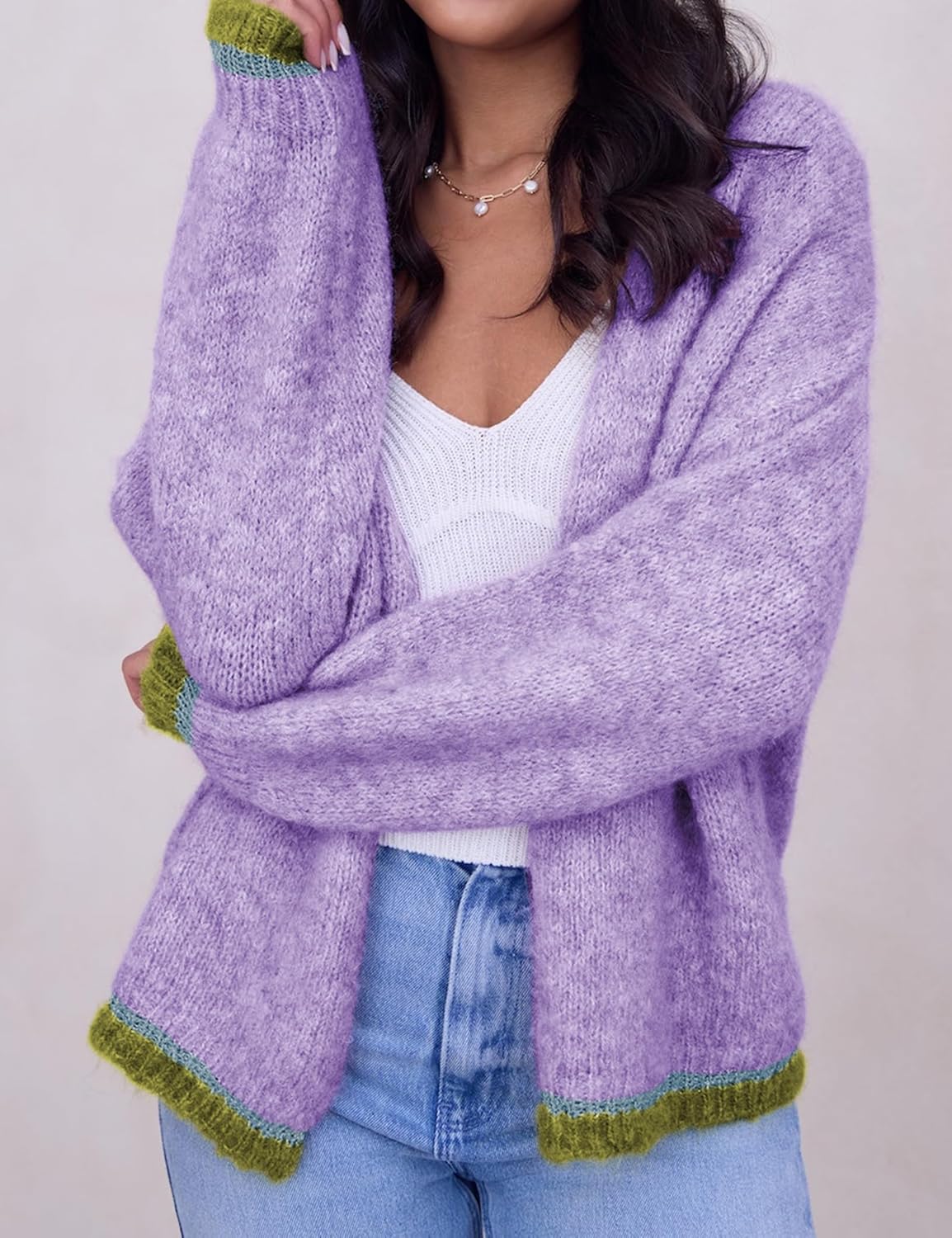 Women's Cardigan Sweater Long Sleeve Color Block Open Front Casual Knit Outerwear - Image 2