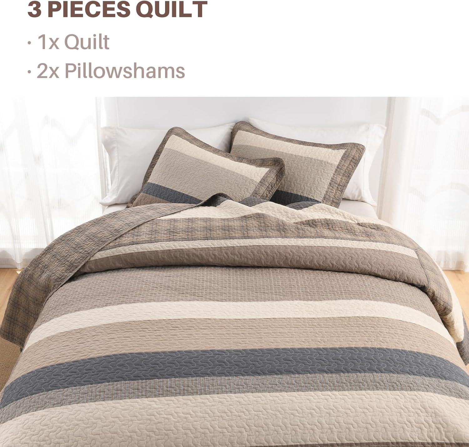 PANGUSHAN 100% Cotton Quilt Set Queen Size, Farmhouse Striped Quilt Bedspread Lightweight Comforter for Queen Bed,3pcs, Brown/Beige/Charcoal - Image 8
